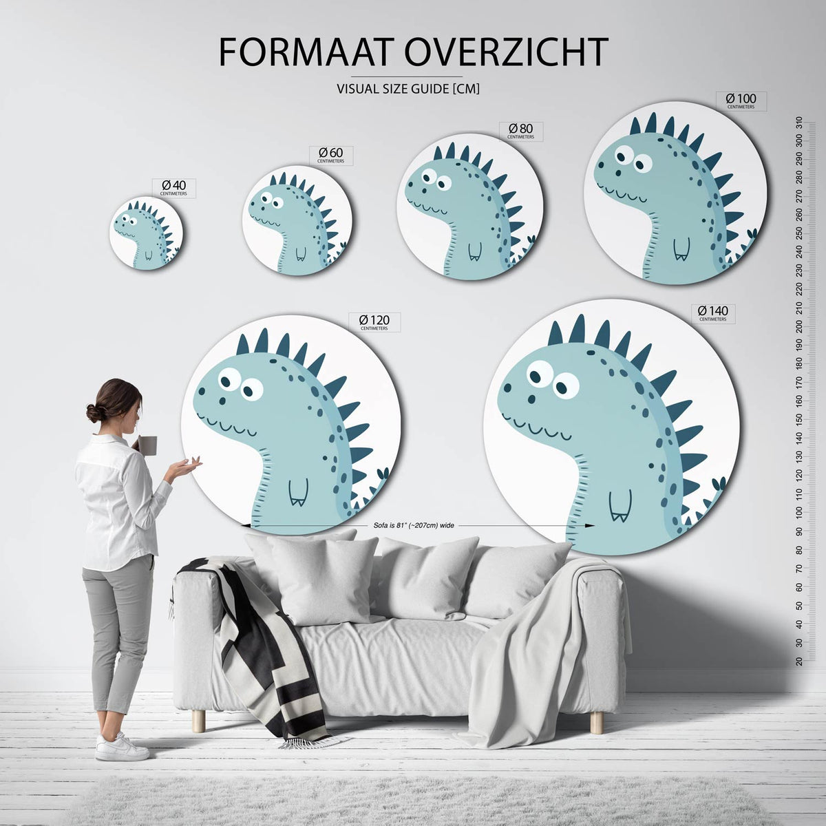 Blauwe dinosaurus Muurcirkel – extra productweergave – Een blauwe dinosaurus met donkere stekels en stippen op een lichte