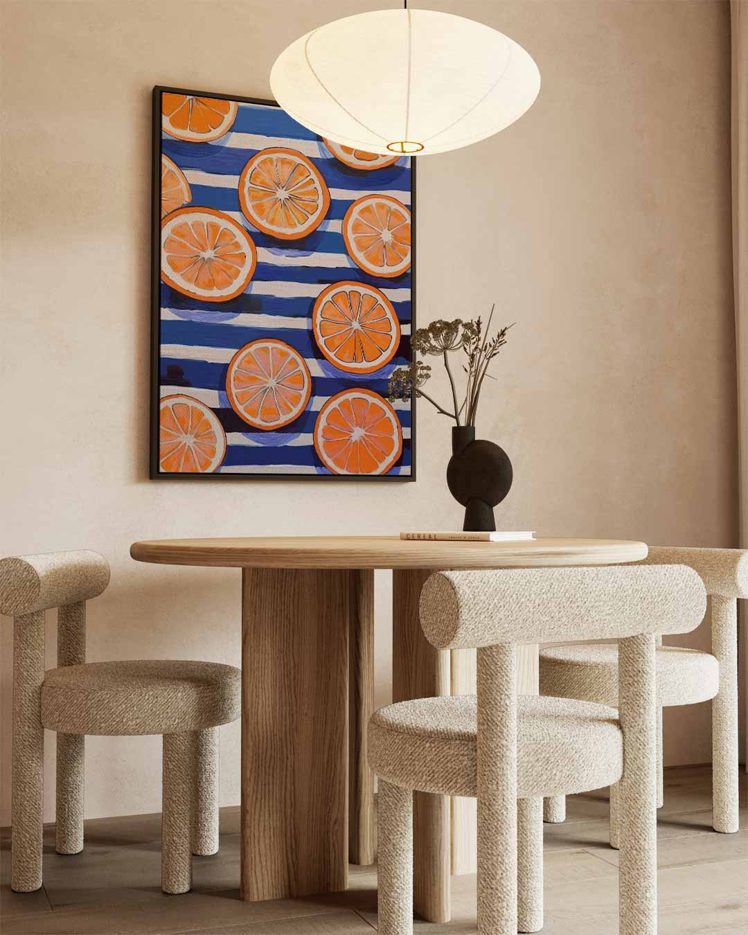 Zonnige Sinaasappels op Streepjespatroon Kunstwerk-canvas-dibond-plexiglas-wanddecoratie-WallArtistic