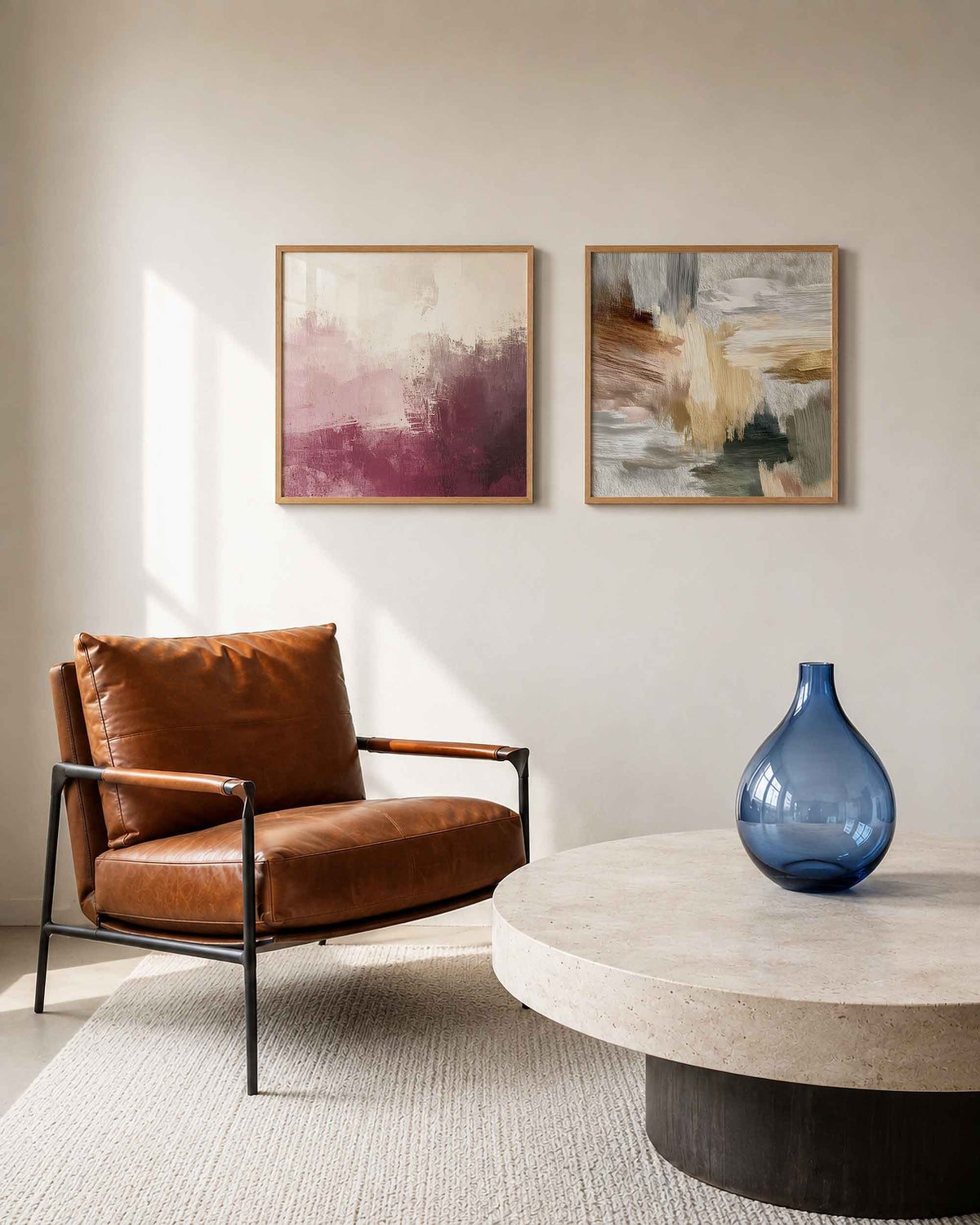 Interieurpresentatie van een tweedelige vierkante posterset met roze beige verfvlakken