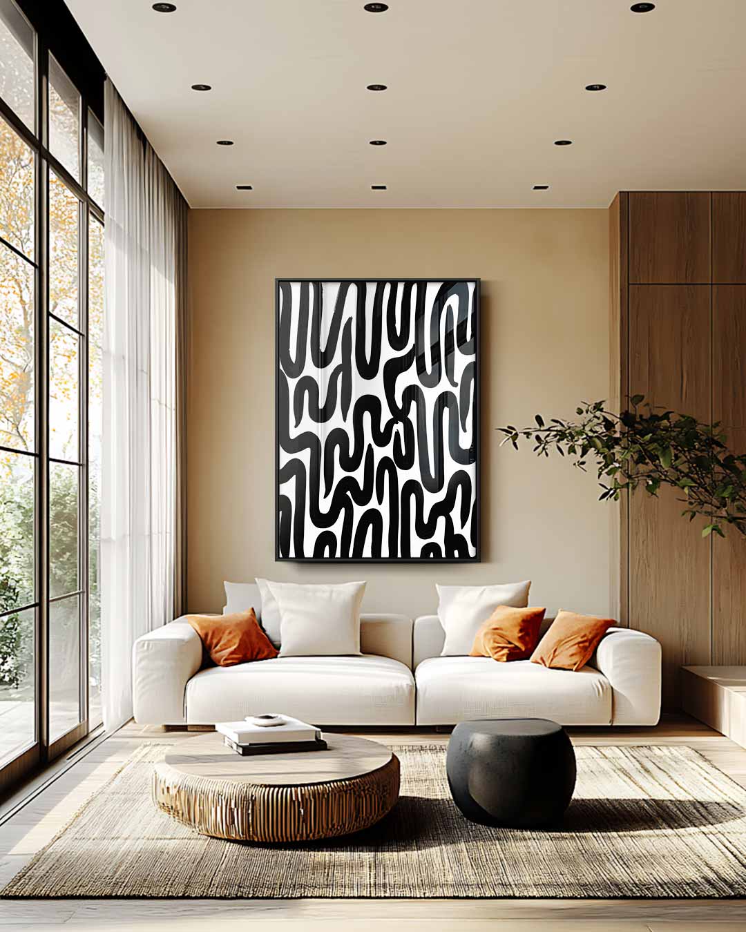 Golvende Zwarte Lijnen op Wit Kunstwerk-canvas-dibond-plexiglas-wanddecoratie-WallArtistic