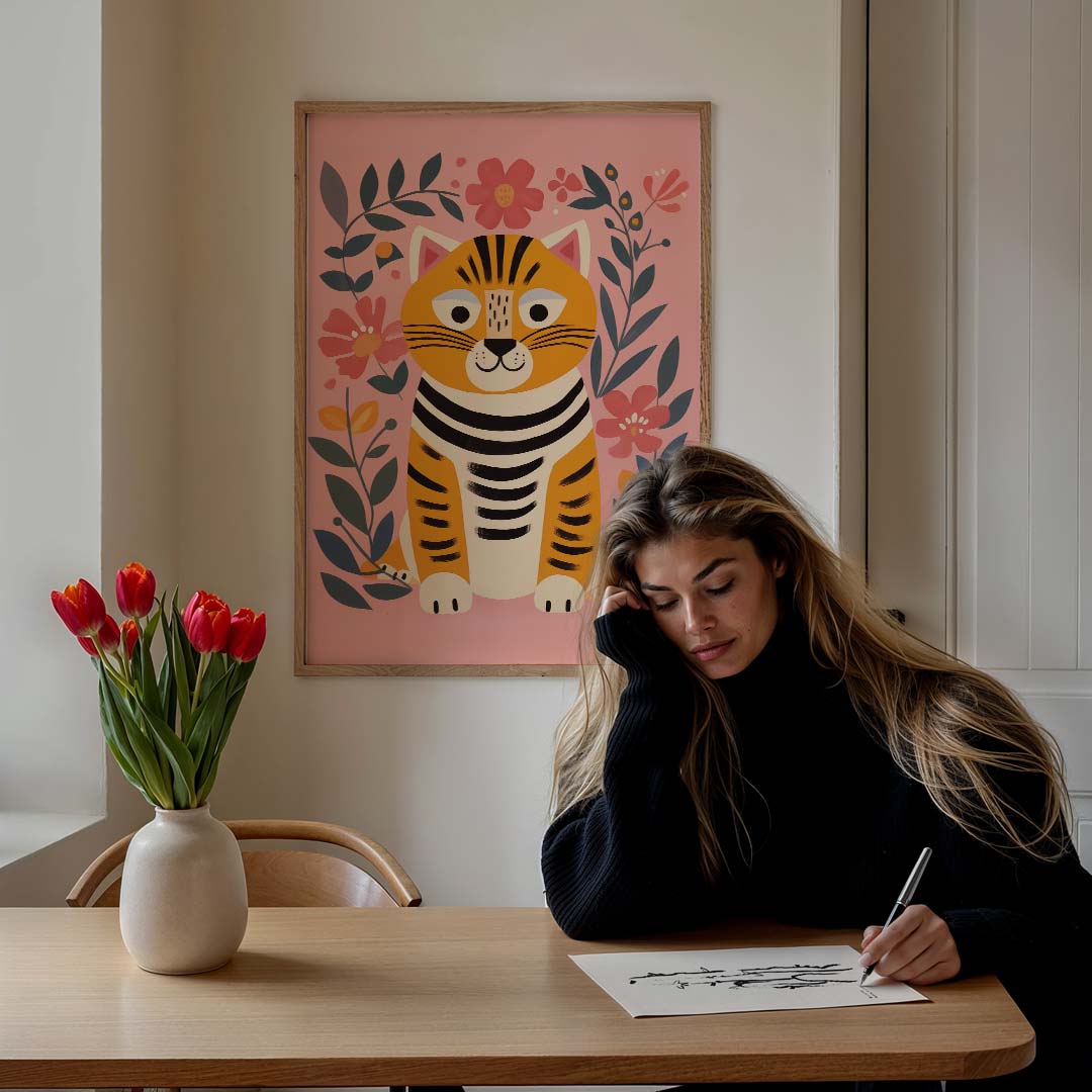 Vrolijke Tijger Met Bloemen Poster-WallArtistic