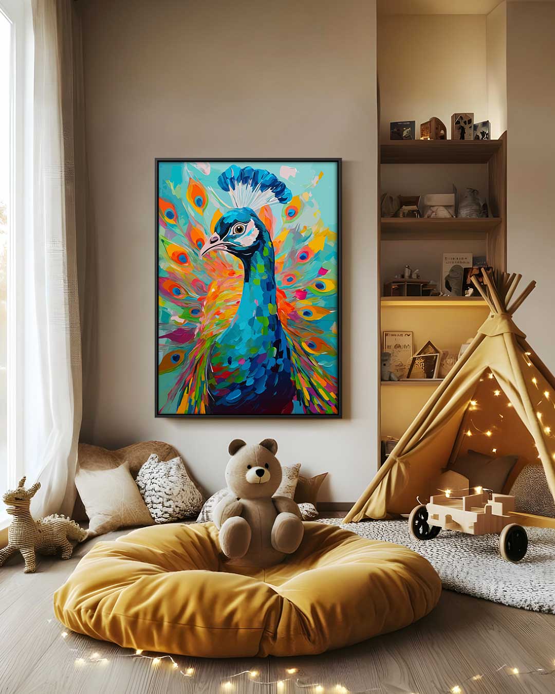 Kleurrijke Pauw in Volle Glorie Kunstwerk-canvas-dibond-plexiglas-wanddecoratie-WallArtistic