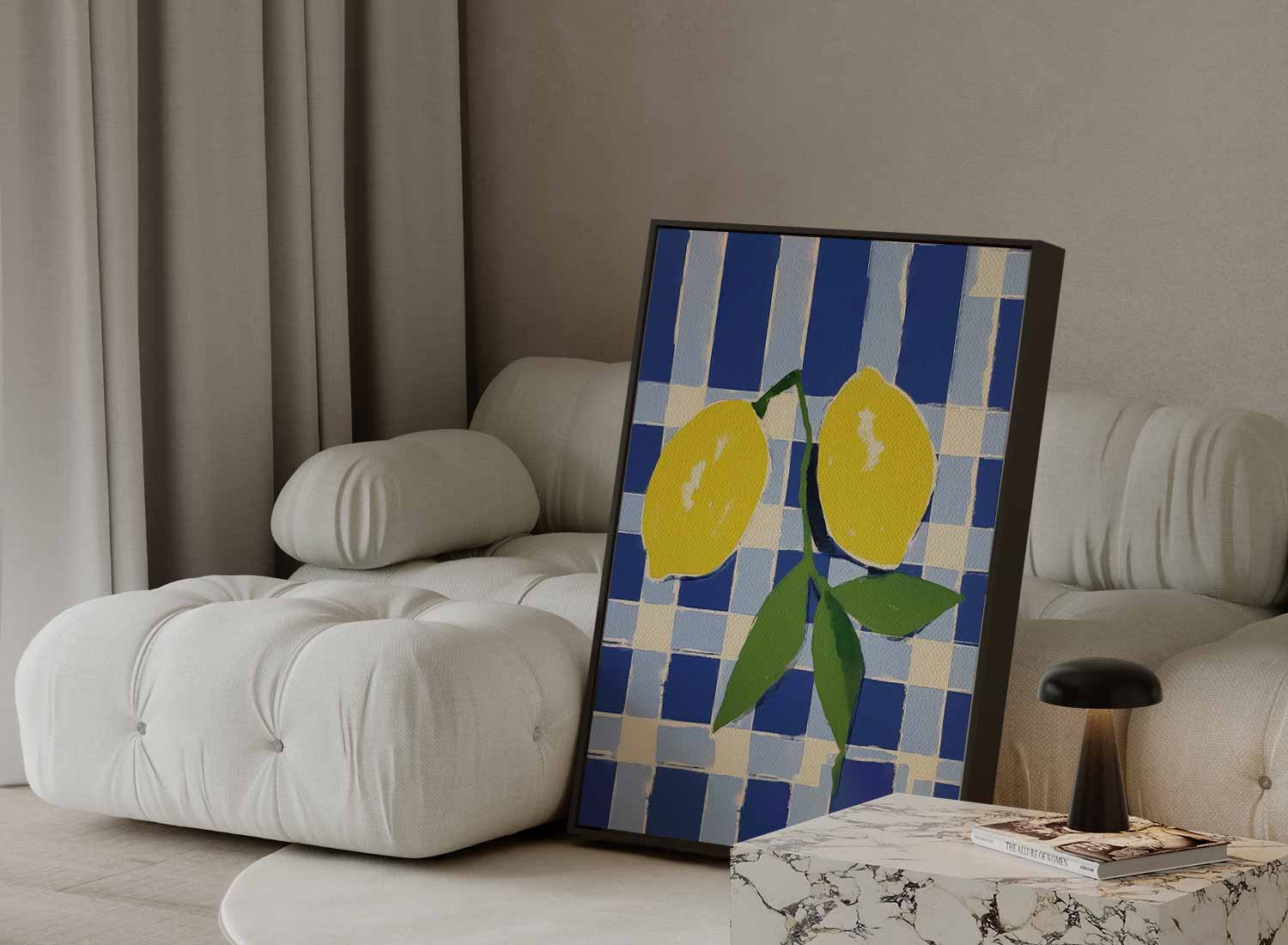 Zonnige Citroenen op Blauwe Schachtdoeken Kunstwerk-canvas-dibond-plexiglas-wanddecoratie-WallArtistic