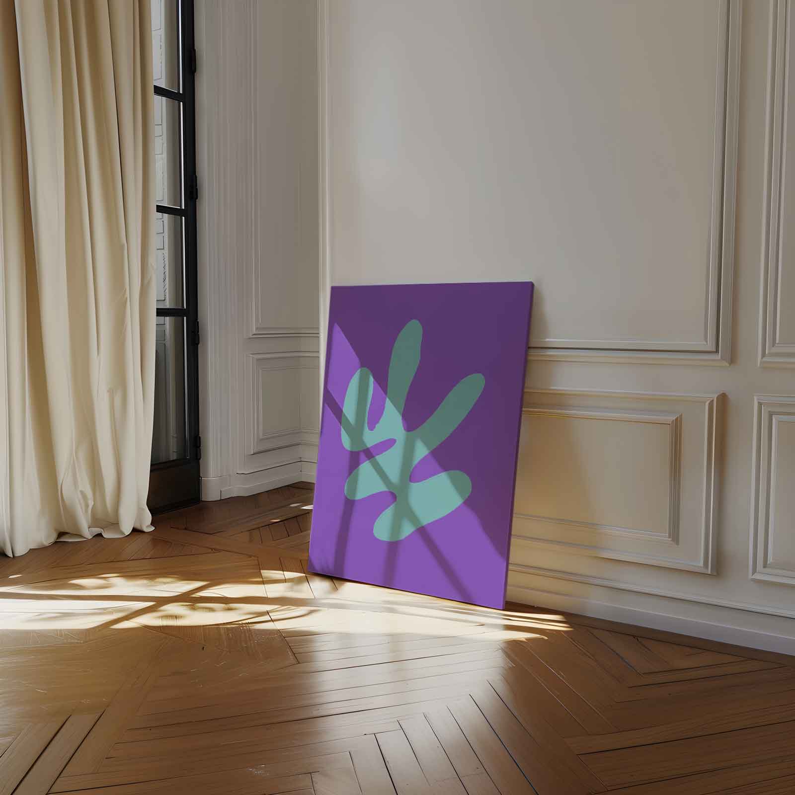 Abstracte Blauwe Vormen op Paars Kunstwerk-canvas-dibond-plexiglas-wanddecoratie-WallArtistic