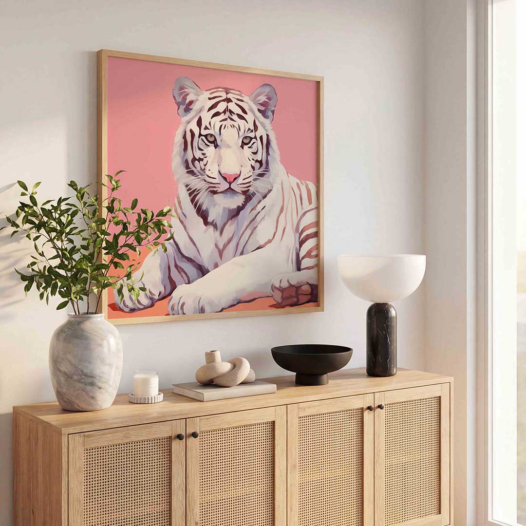 Witte tijger op roze Poster
