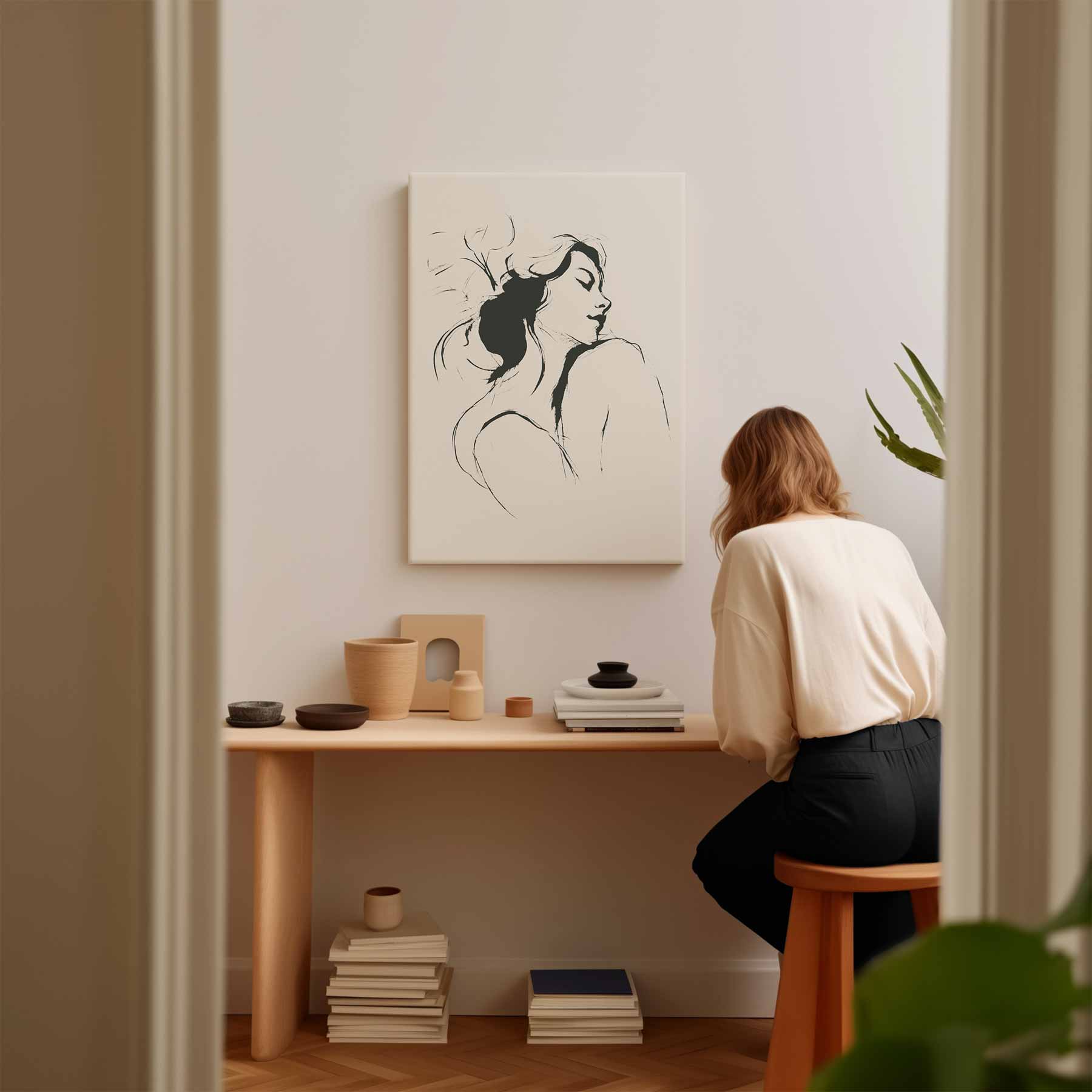 Dromerige Lijntekening Vrouw Kunstwerk-canvas-dibond-plexiglas-wanddecoratie-WallArtistic