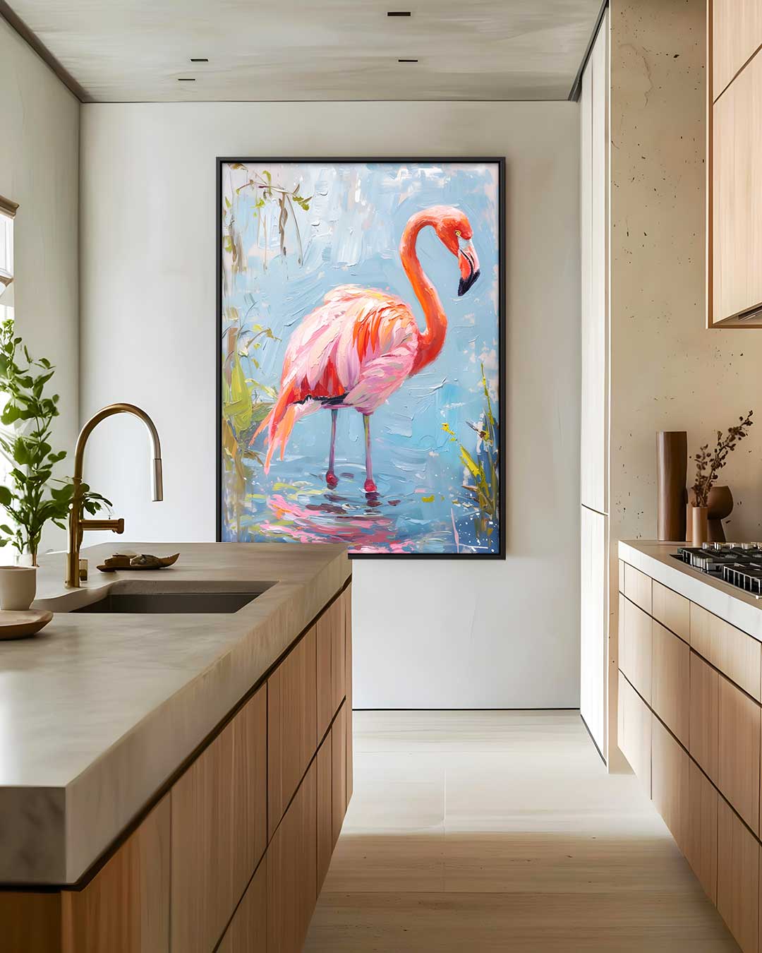 Flamingo op Blauw Canvas Kunstwerk-canvas-dibond-plexiglas-wanddecoratie-WallArtistic