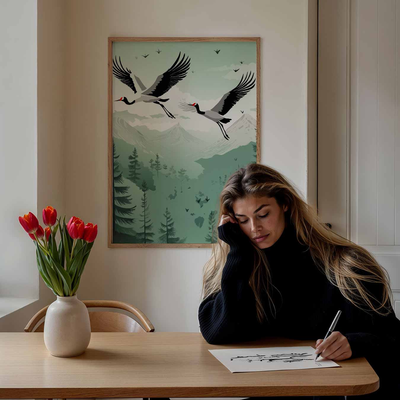 Zwevende Kraanvogels in Berglandschap Poster