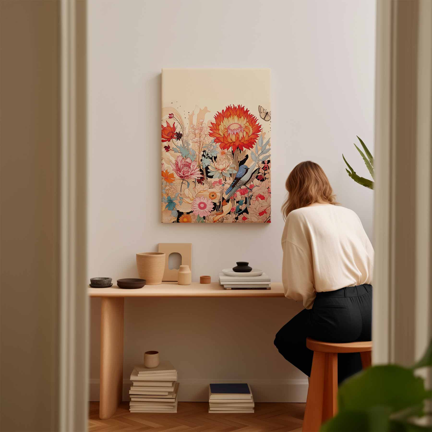 Vrolijke Bloemnatuur met Blauwe Vogel Kunstwerk-canvas-dibond-plexiglas-wanddecoratie-WallArtistic