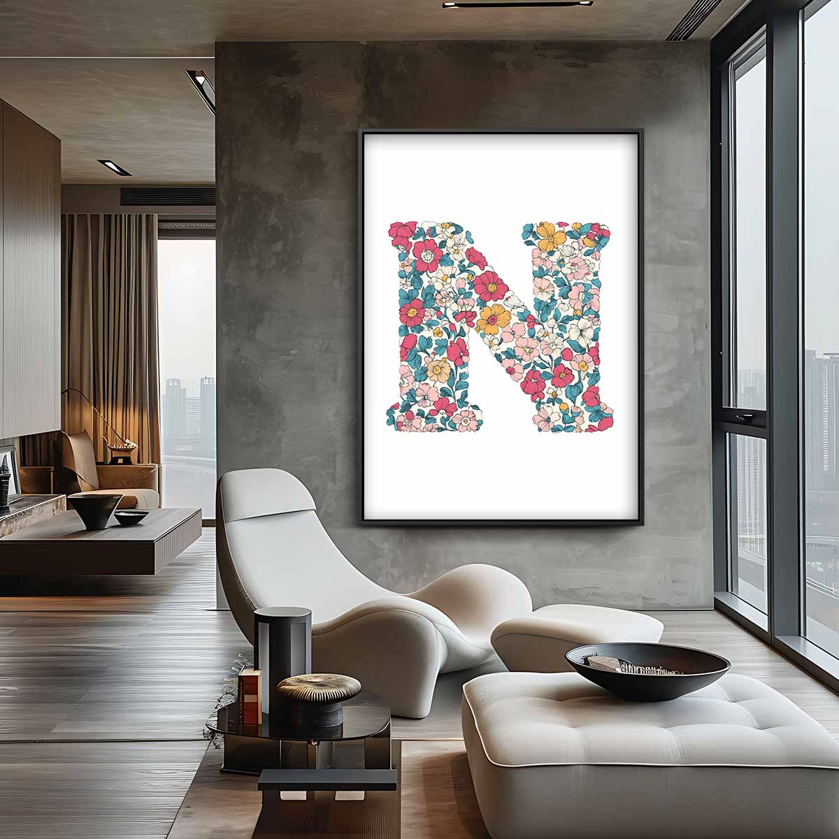 Bloemen Monogram N Kunstwerk-canvas-dibond-plexiglas-wanddecoratie-WallArtistic