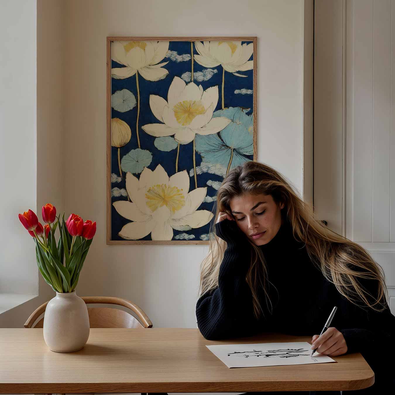 Charmante Lotus Bloemen op Blauw Poster