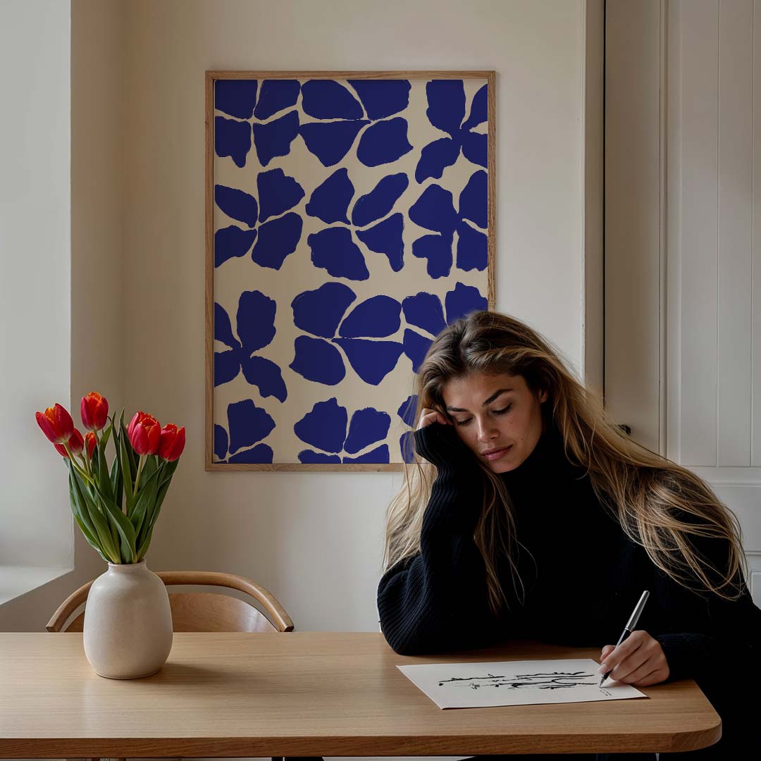 Blauwe Bloemenprint Poster-WallArtistic