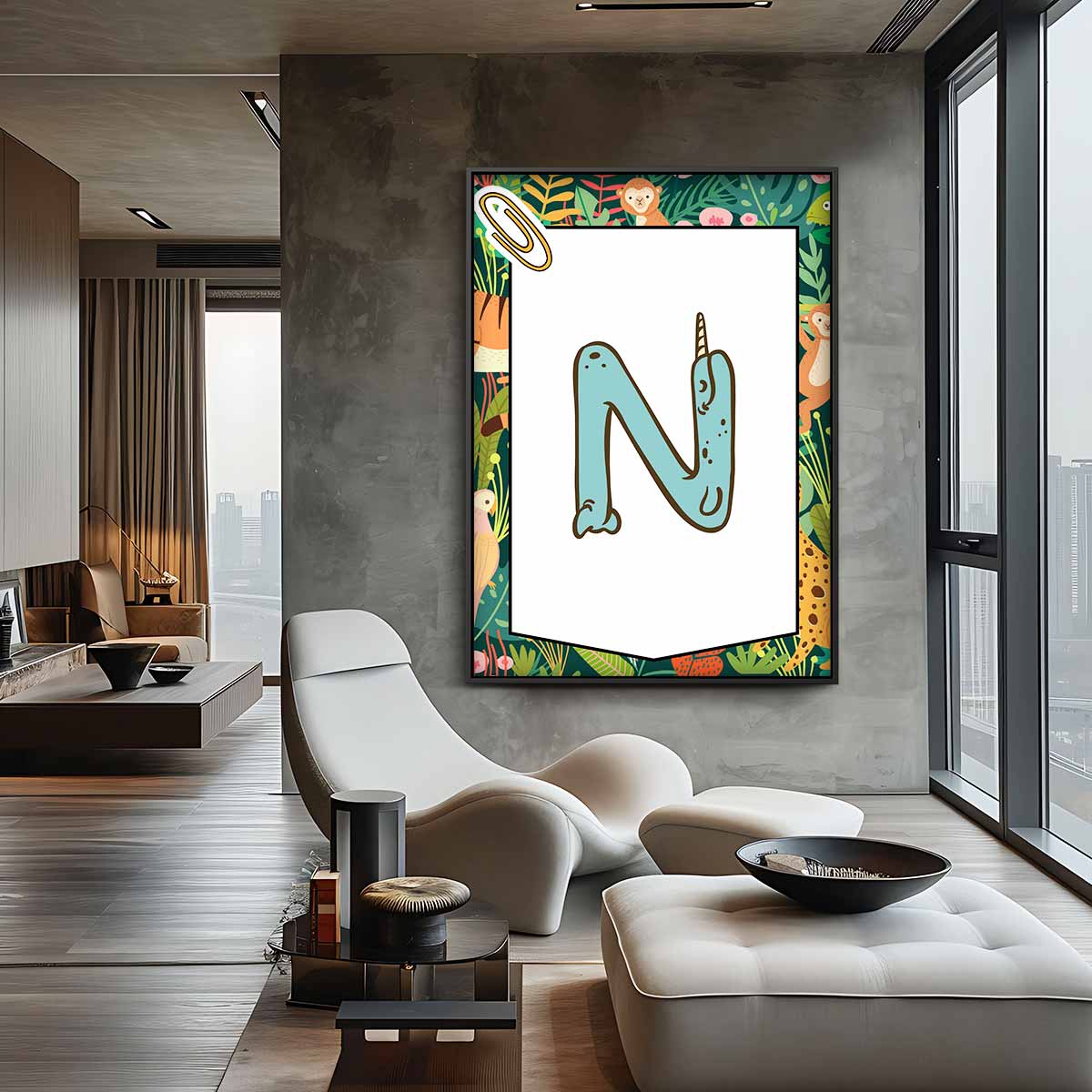 Narwhal N Kinderalfabet Print Kunstwerk-canvas-dibond-plexiglas-wanddecoratie-WallArtistic