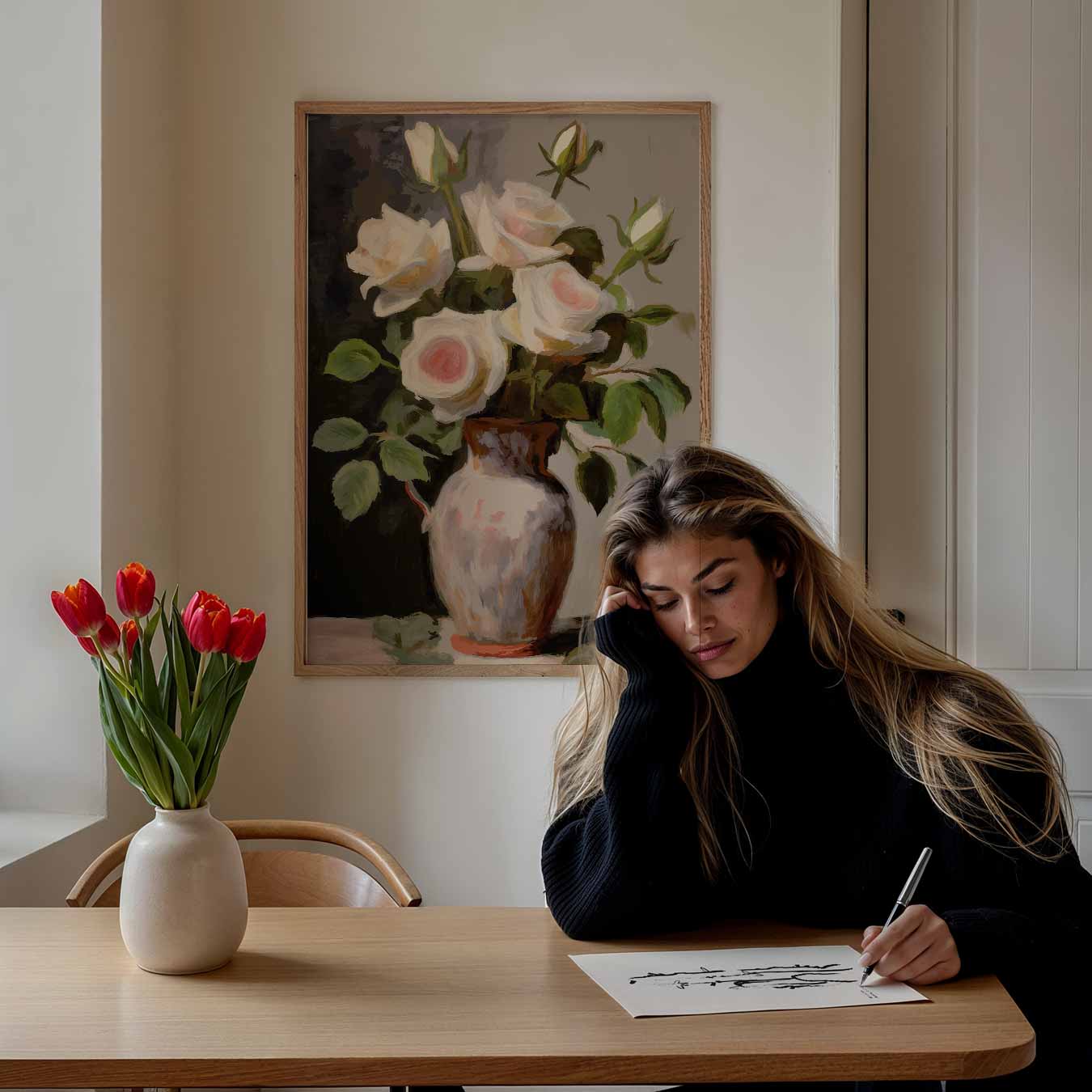 Elegante Witte Rozen in Vaas Poster