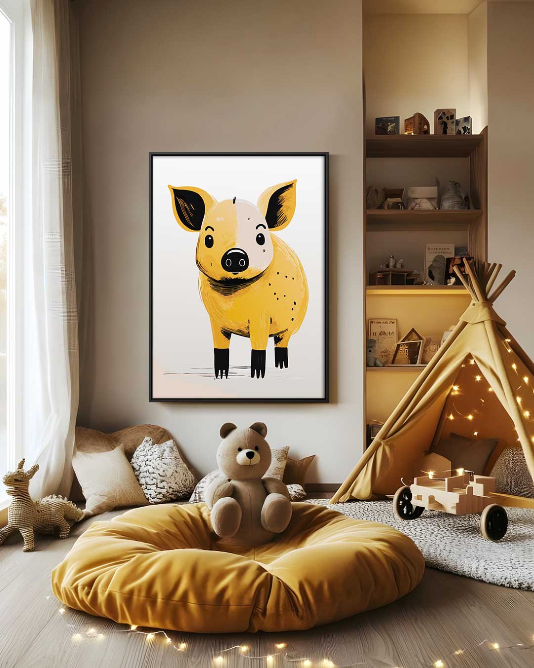 Schattig Geel Varkentje Illustratie Kunstwerk-canvas-dibond-plexiglas-wanddecoratie-WallArtistic