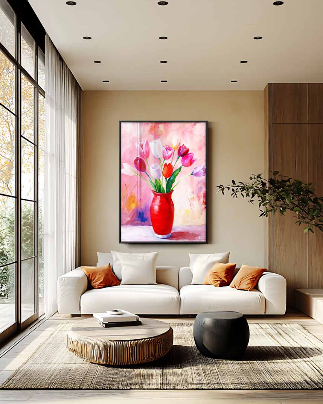 Kleurrijke Tulpen in Rode Vaas Kunstwerk-canvas-dibond-plexiglas-wanddecoratie-WallArtistic