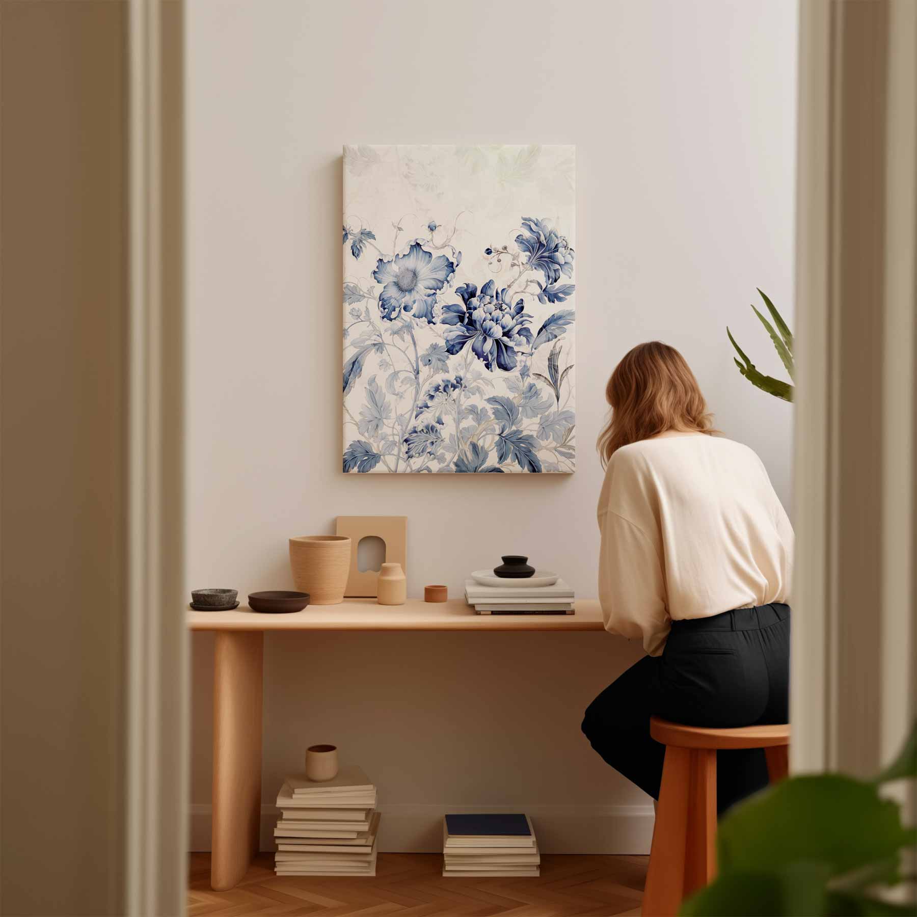 Dromerige Blauw-Witte Bloemen Kunstwerk-canvas-dibond-plexiglas-wanddecoratie-WallArtistic