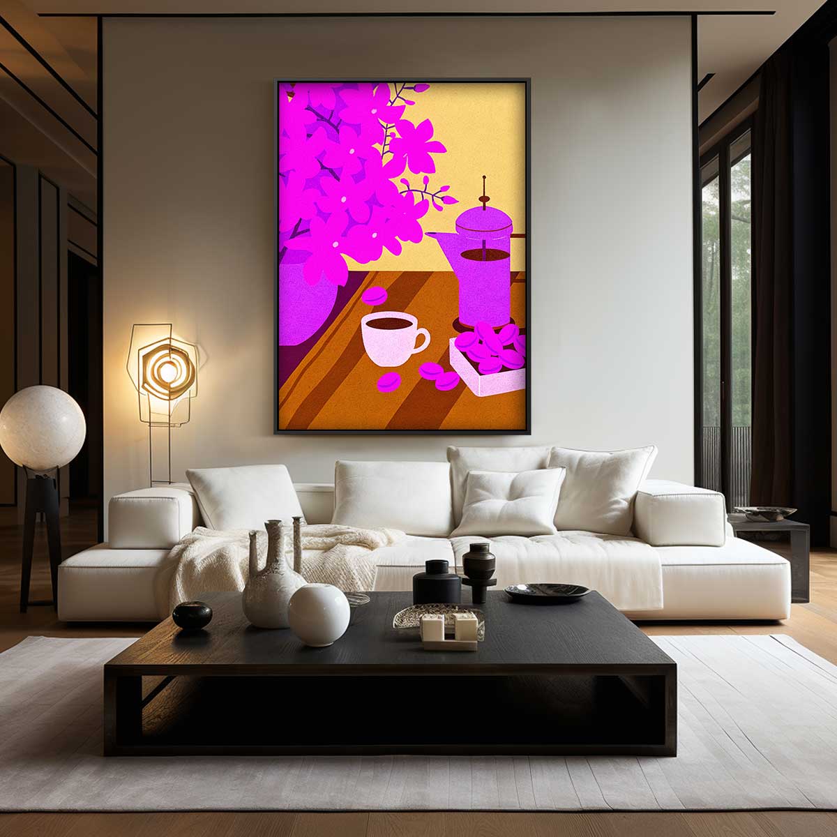 Koffieochtend Met Bloesems Kunstwerk-canvas-dibond-plexiglas-wanddecoratie-WallArtistic