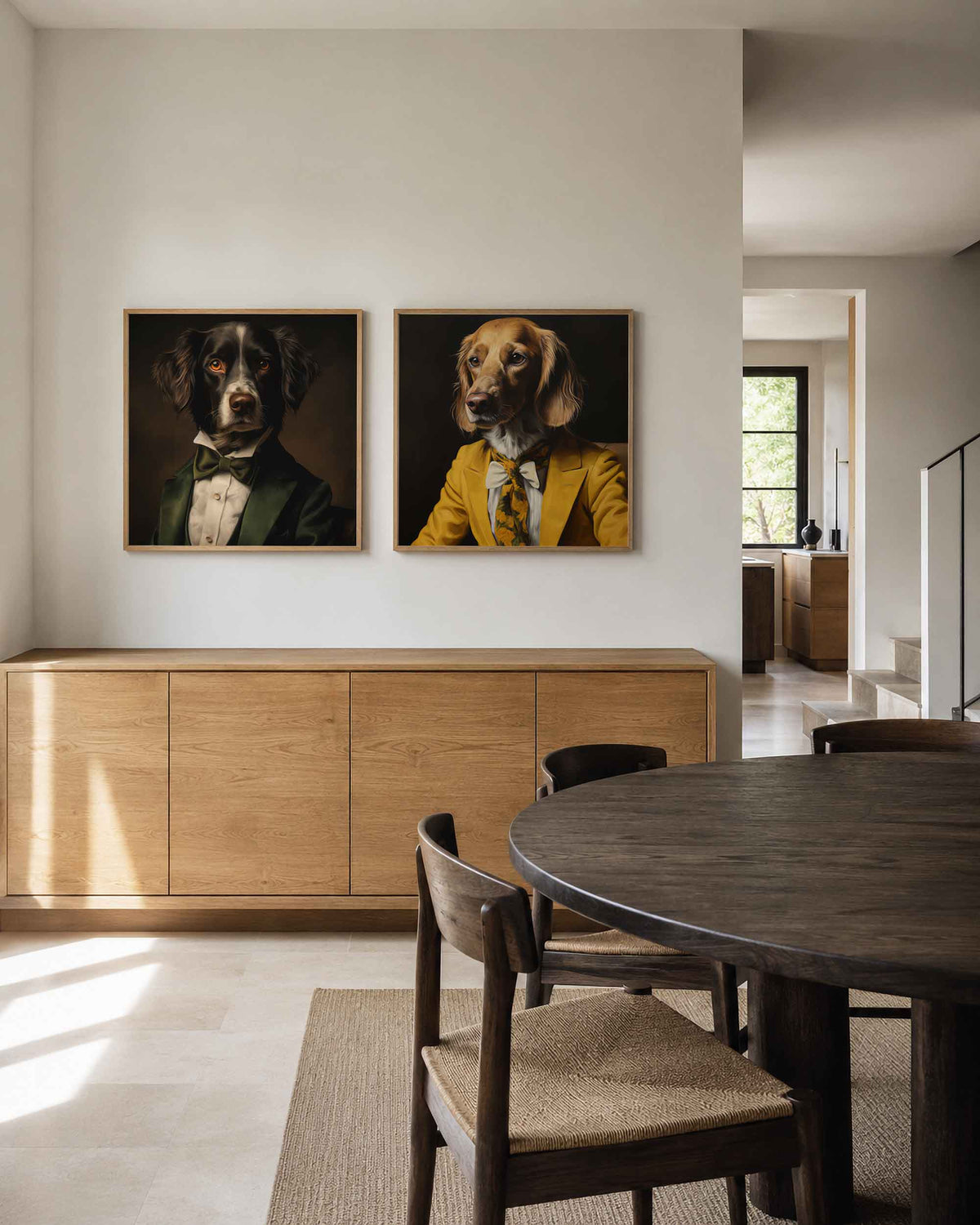 Interieurpresentatie van een tweedelige vierkante posterset met geklede honden