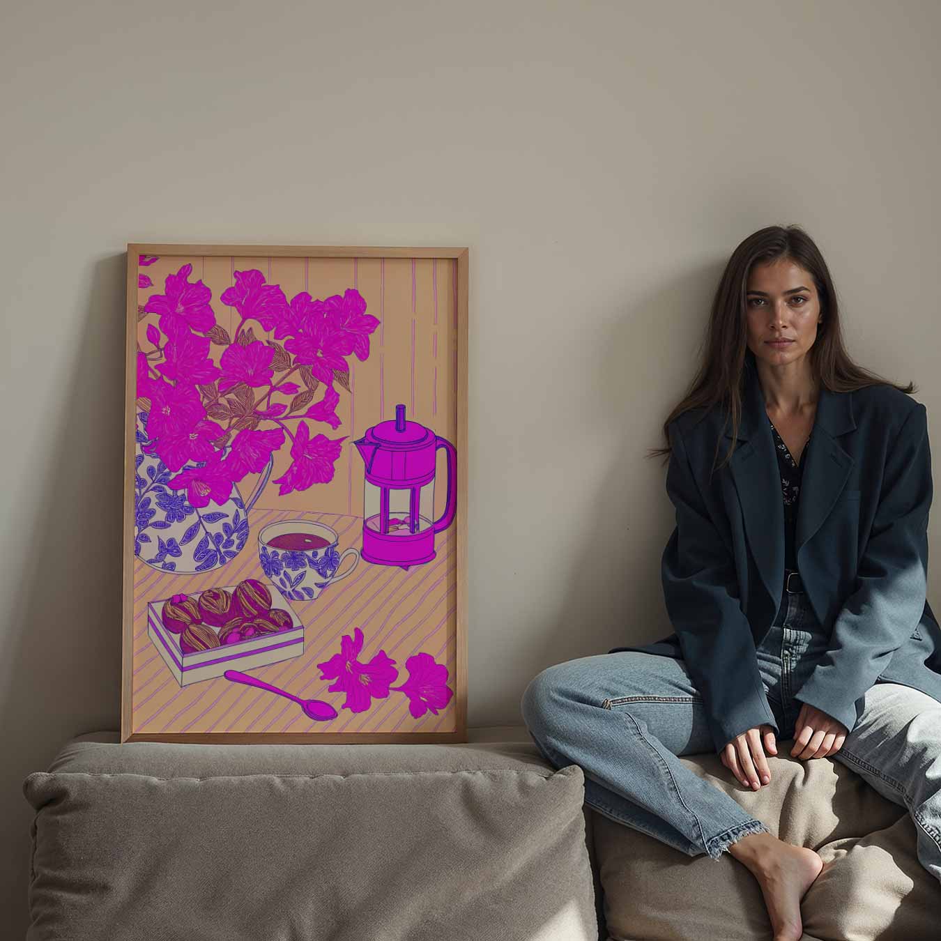Roze Bloemen en Koffie Moment Poster