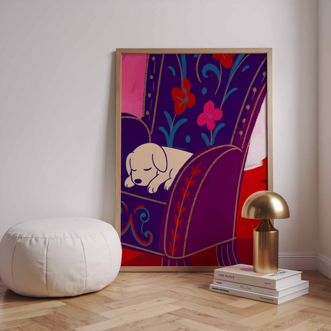 Slaaplief Hondje op Bloemenstoel Poster-WallArtistic