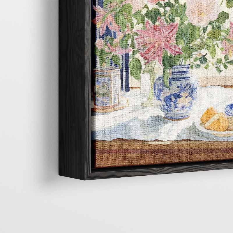 Zomers Bloemenboeket in Blauwe Vaas Kunstwerk-canvas-dibond-plexiglas-wanddecoratie-WallArtistic