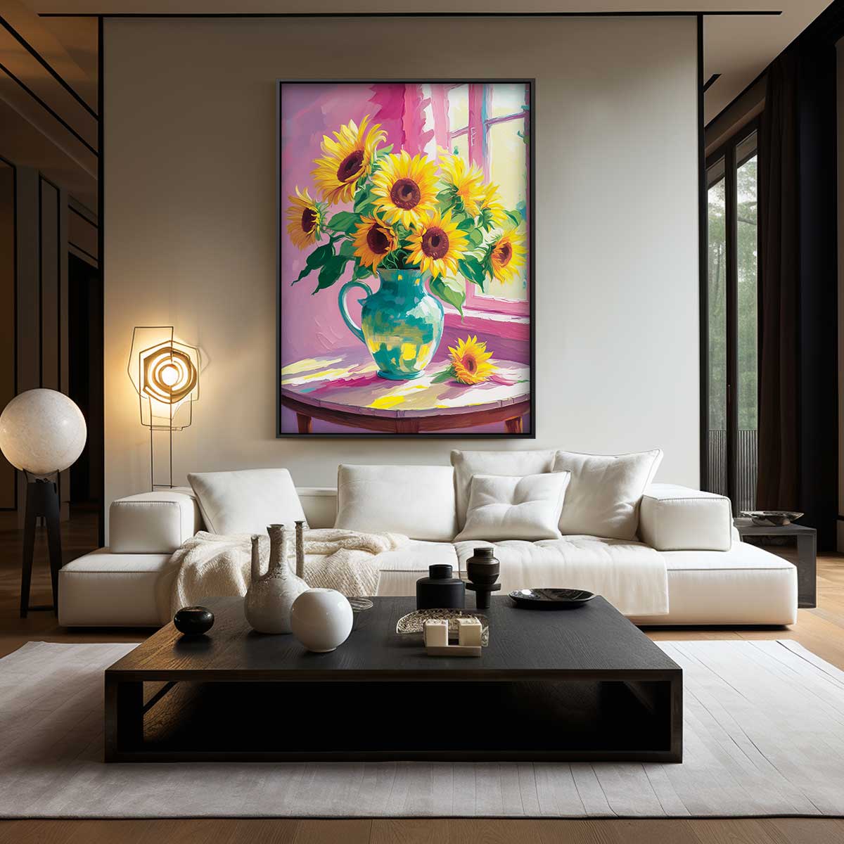 Stralende Zonnebloemen in Vaas Kunstwerk-canvas-dibond-plexiglas-wanddecoratie-WallArtistic