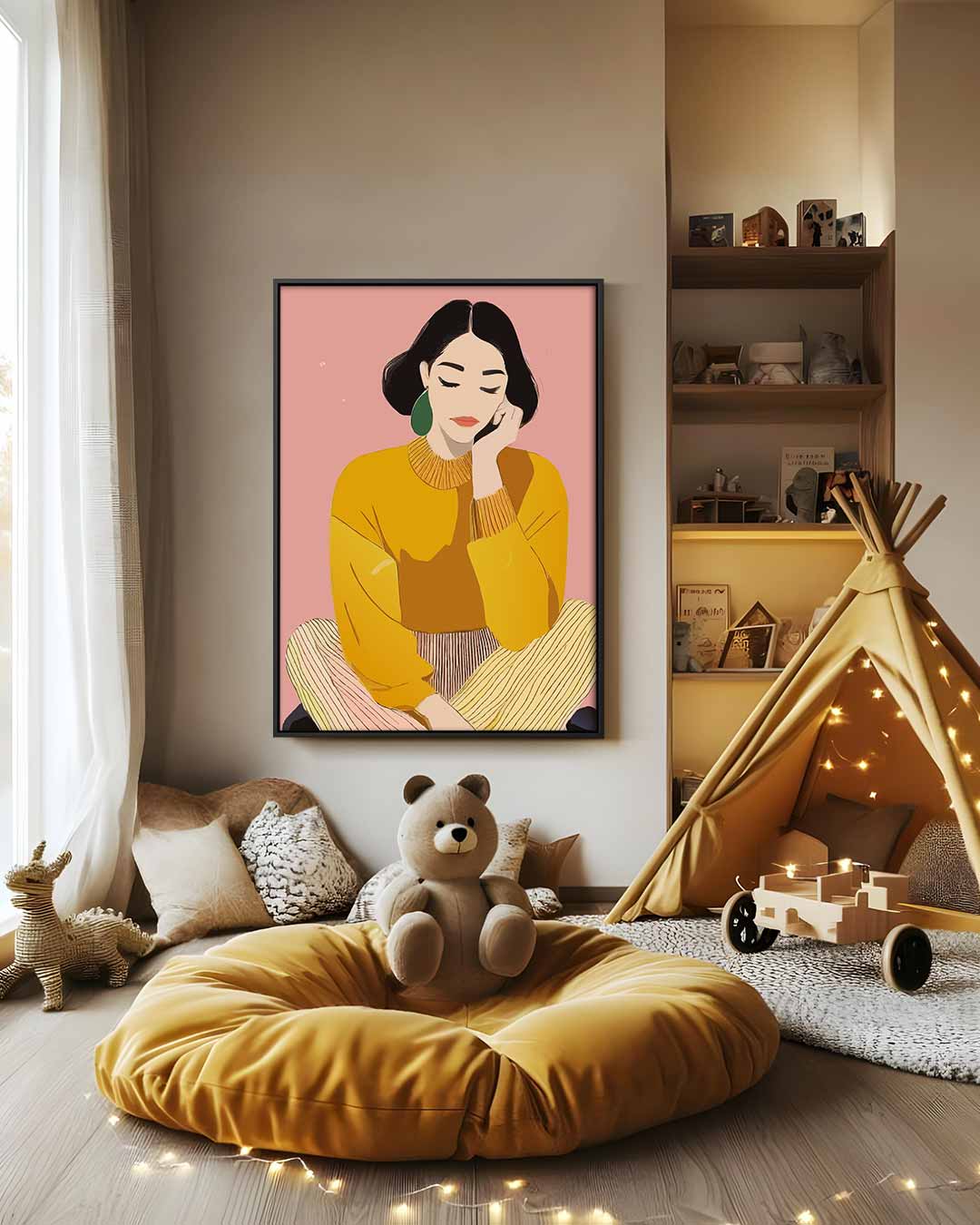 Dromerige Vrouw in Gele Trui Kunstwerk-canvas-dibond-plexiglas-wanddecoratie-WallArtistic