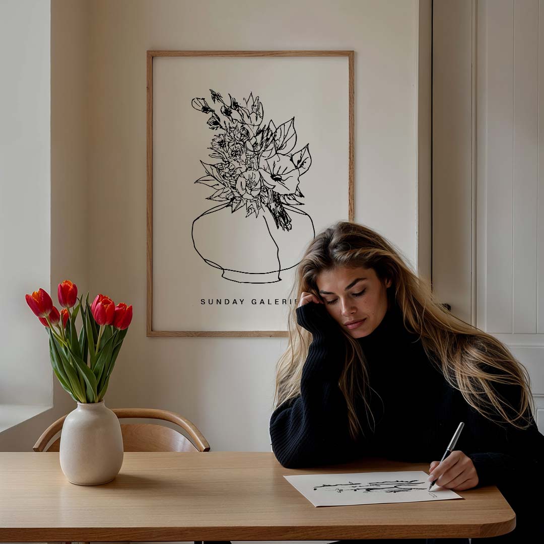 Elegante Bloemenvaas Schets Poster-WallArtistic