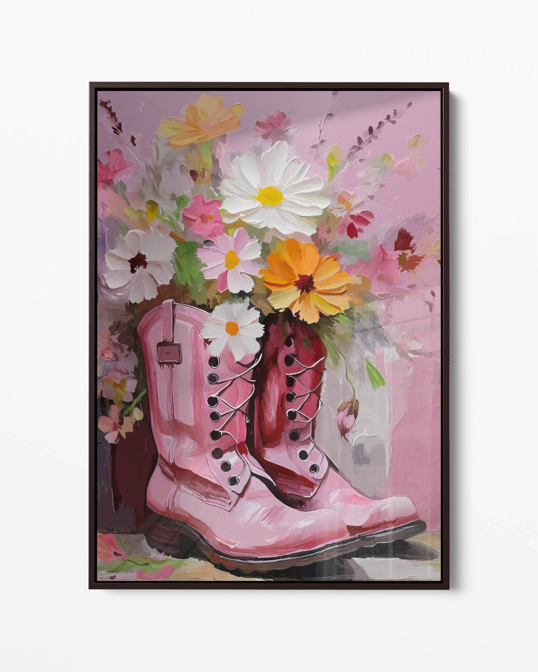 Bloemrijke Laarzen in Roze Tint Kunstwerk-canvas-dibond-plexiglas-wanddecoratie-WallArtistic