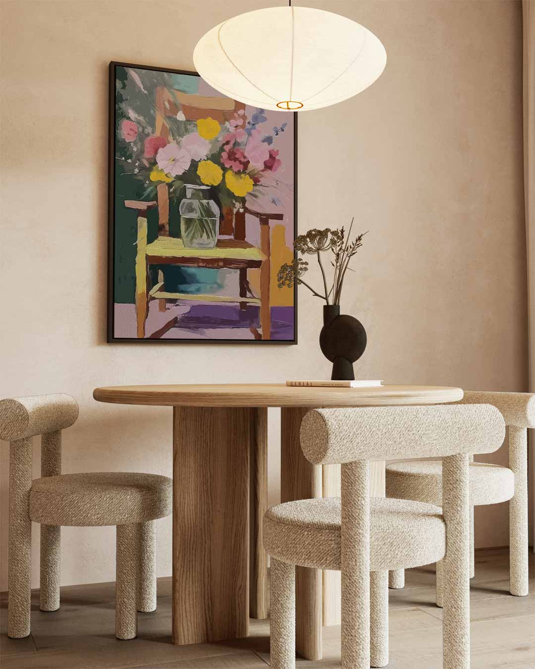 Zomerbloemen op Stoel Kunstwerk-canvas-dibond-plexiglas-wanddecoratie-WallArtistic
