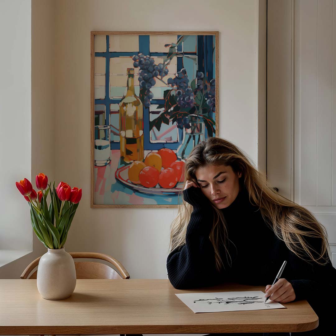 Kleurrijke Stilleven Poster met Fruit en Flessen Poster-WallArtistic