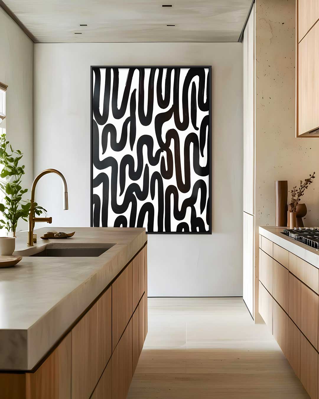 Golvende Zwarte Lijnen op Wit Kunstwerk-canvas-dibond-plexiglas-wanddecoratie-WallArtistic