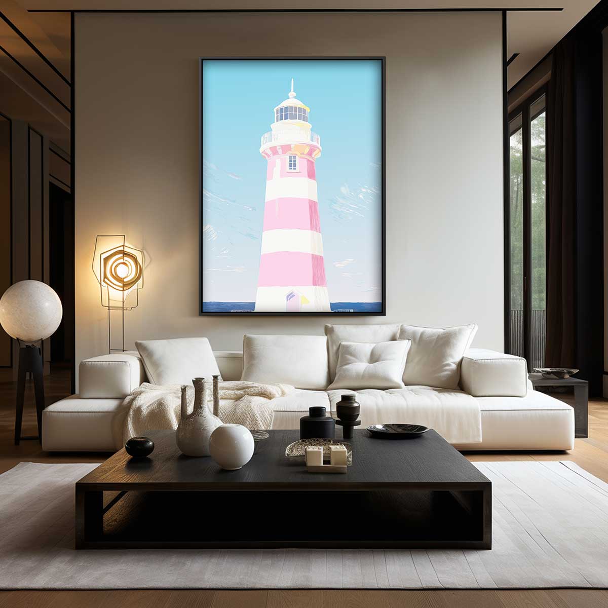 Zomerse Vuurtoren aan de Kust Kunstwerk-canvas-dibond-plexiglas-wanddecoratie-WallArtistic