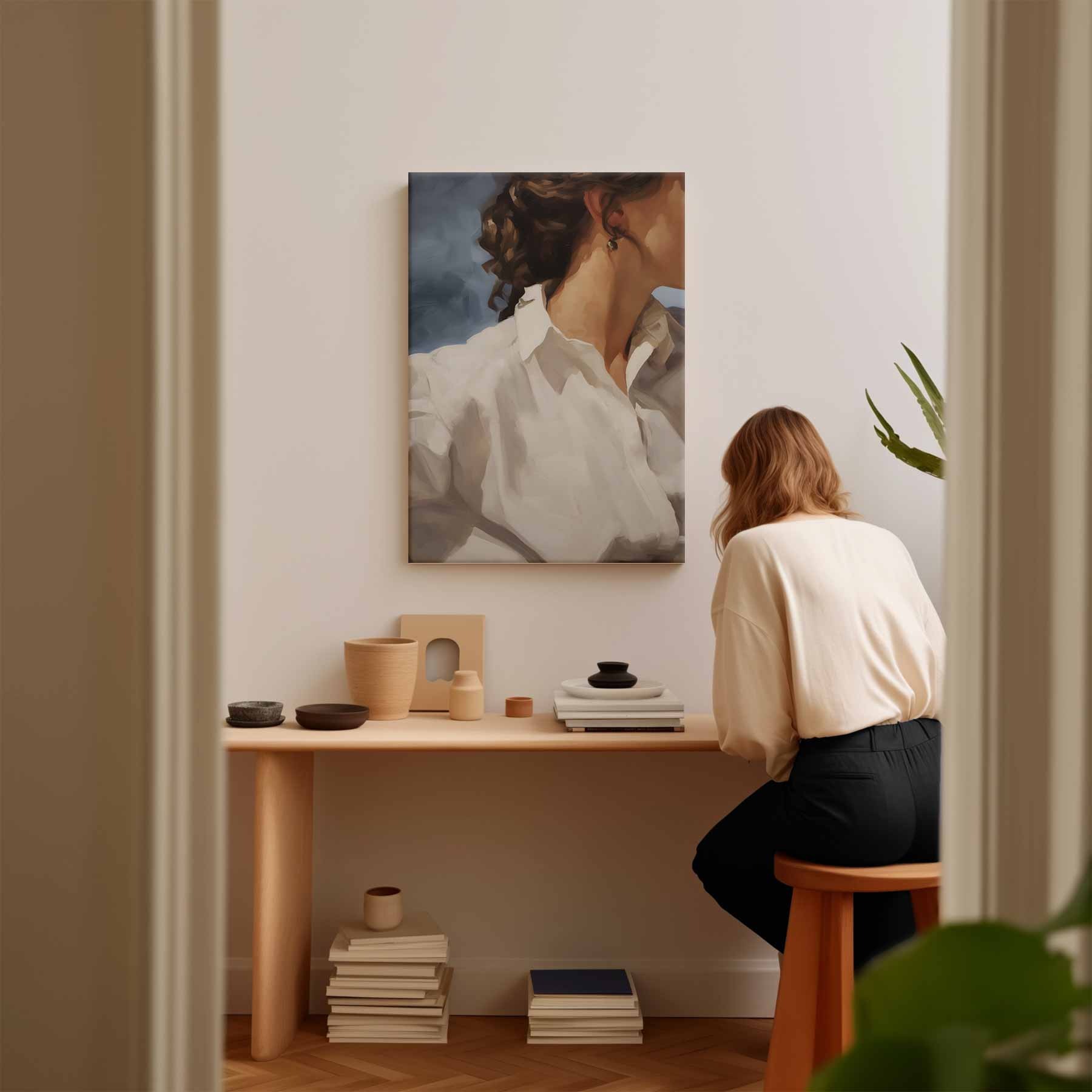 Zacht Portret met Witte Blouse Kunstwerk-canvas-dibond-plexiglas-wanddecoratie-WallArtistic