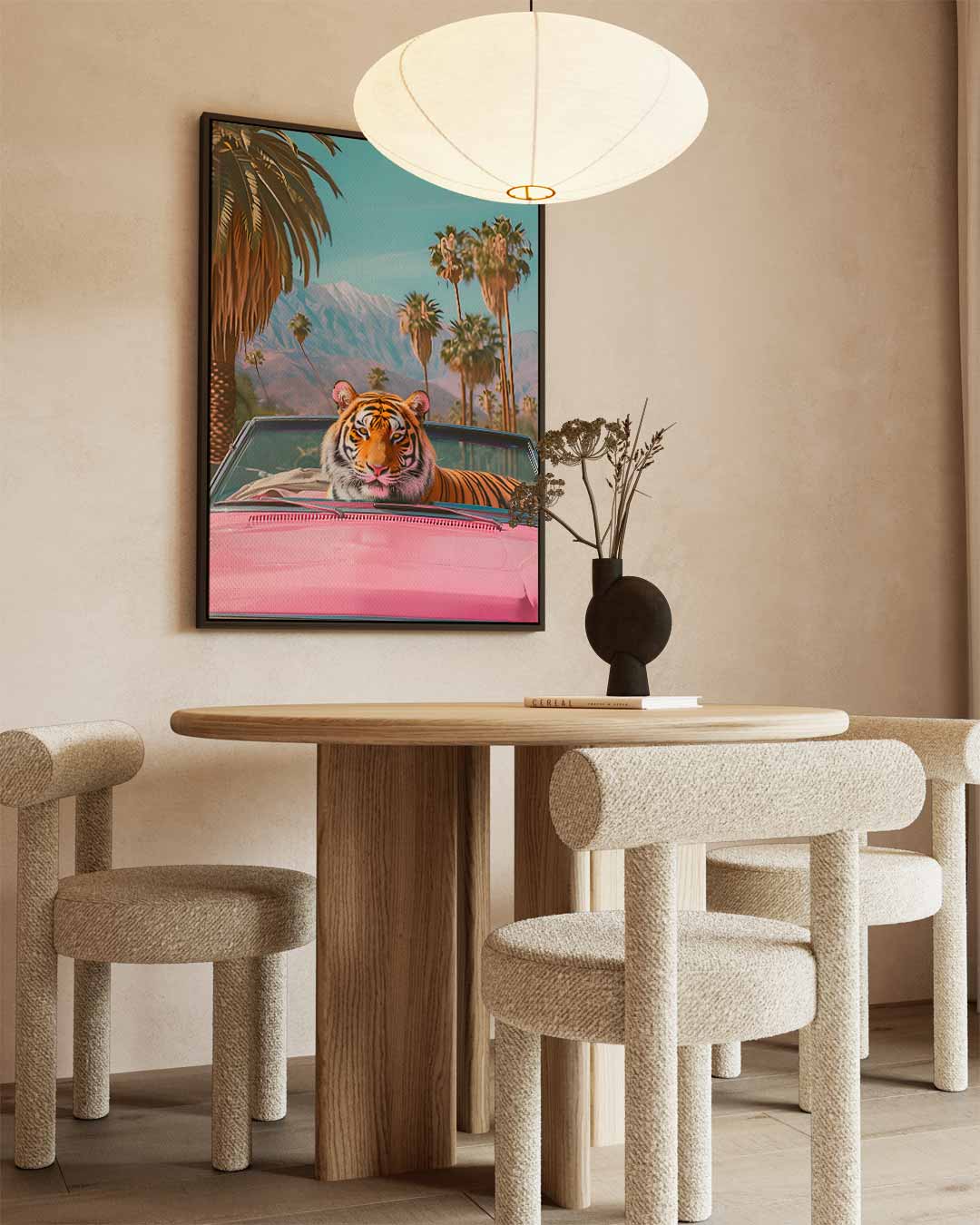 Tijger in de Roze Cabrio Kunstwerk-canvas-dibond-plexiglas-wanddecoratie-WallArtistic