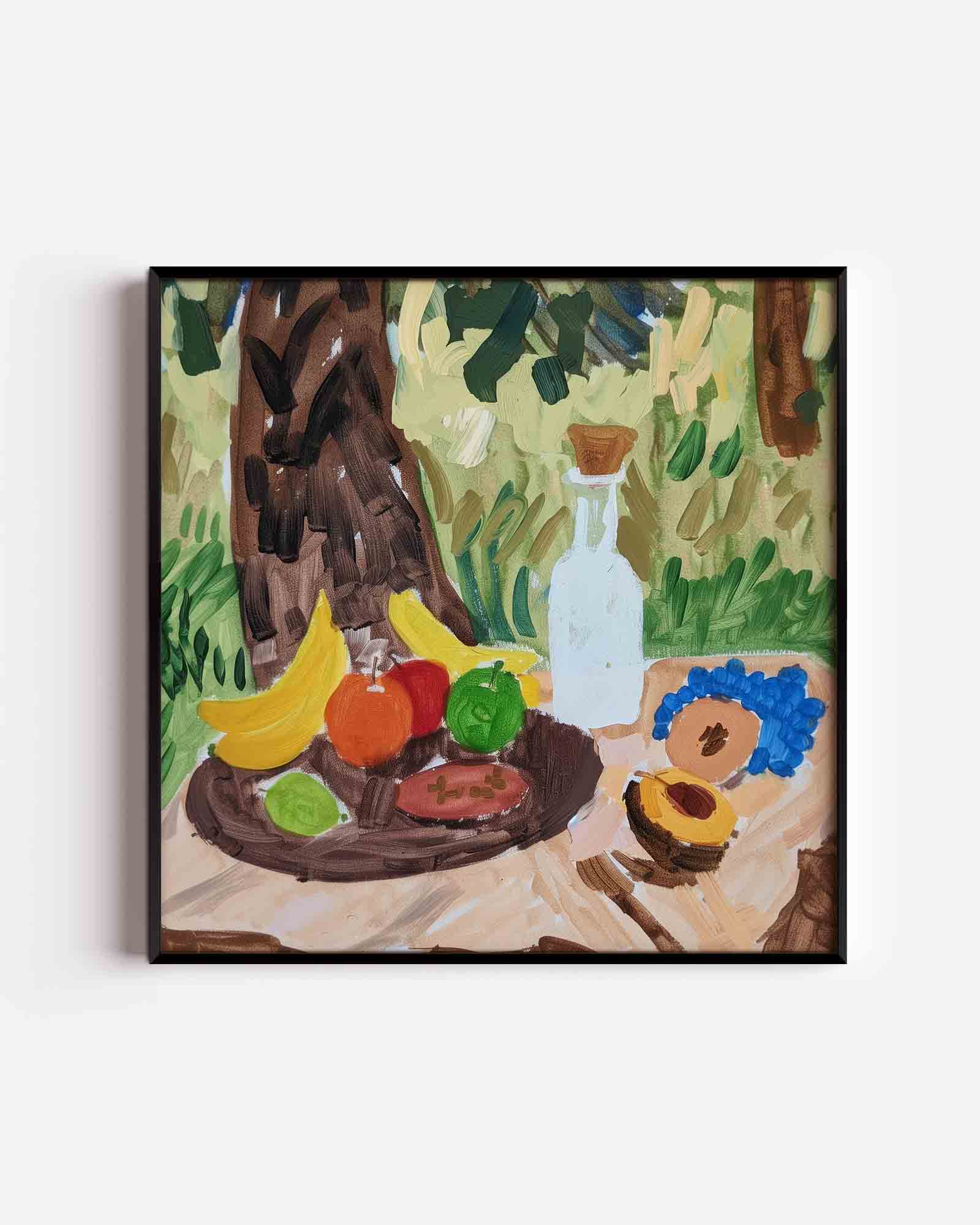 Fruit en fles op tafel Poster