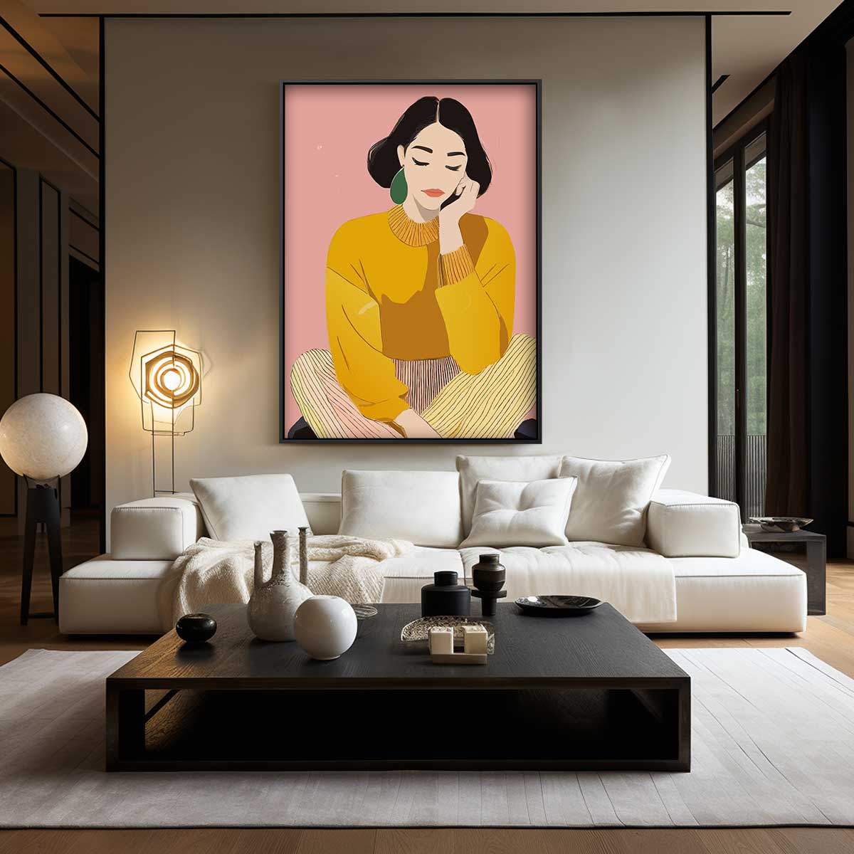 Dromerige Vrouw in Gele Trui Kunstwerk-canvas-dibond-plexiglas-wanddecoratie-WallArtistic