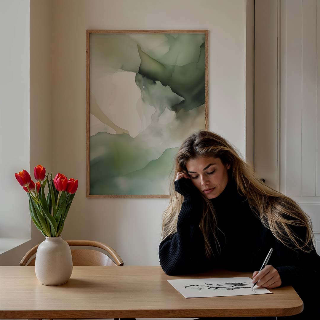 Rustgevende Groene Abstracte Poster-WallArtistic