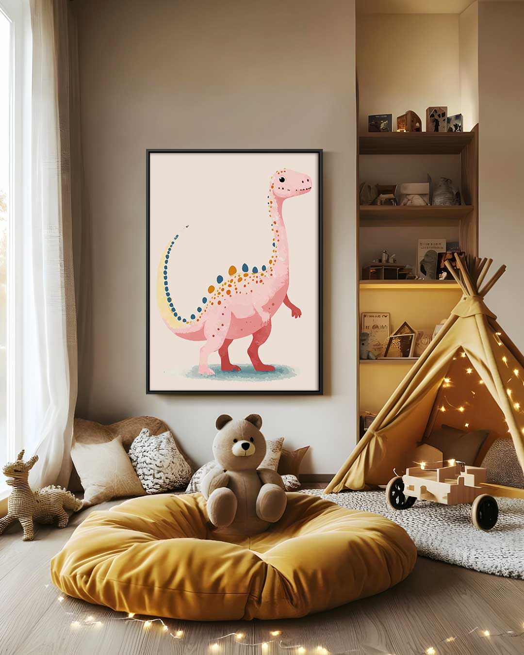 Schattige Dino Illustratie Kunstwerk-canvas-dibond-plexiglas-wanddecoratie-WallArtistic