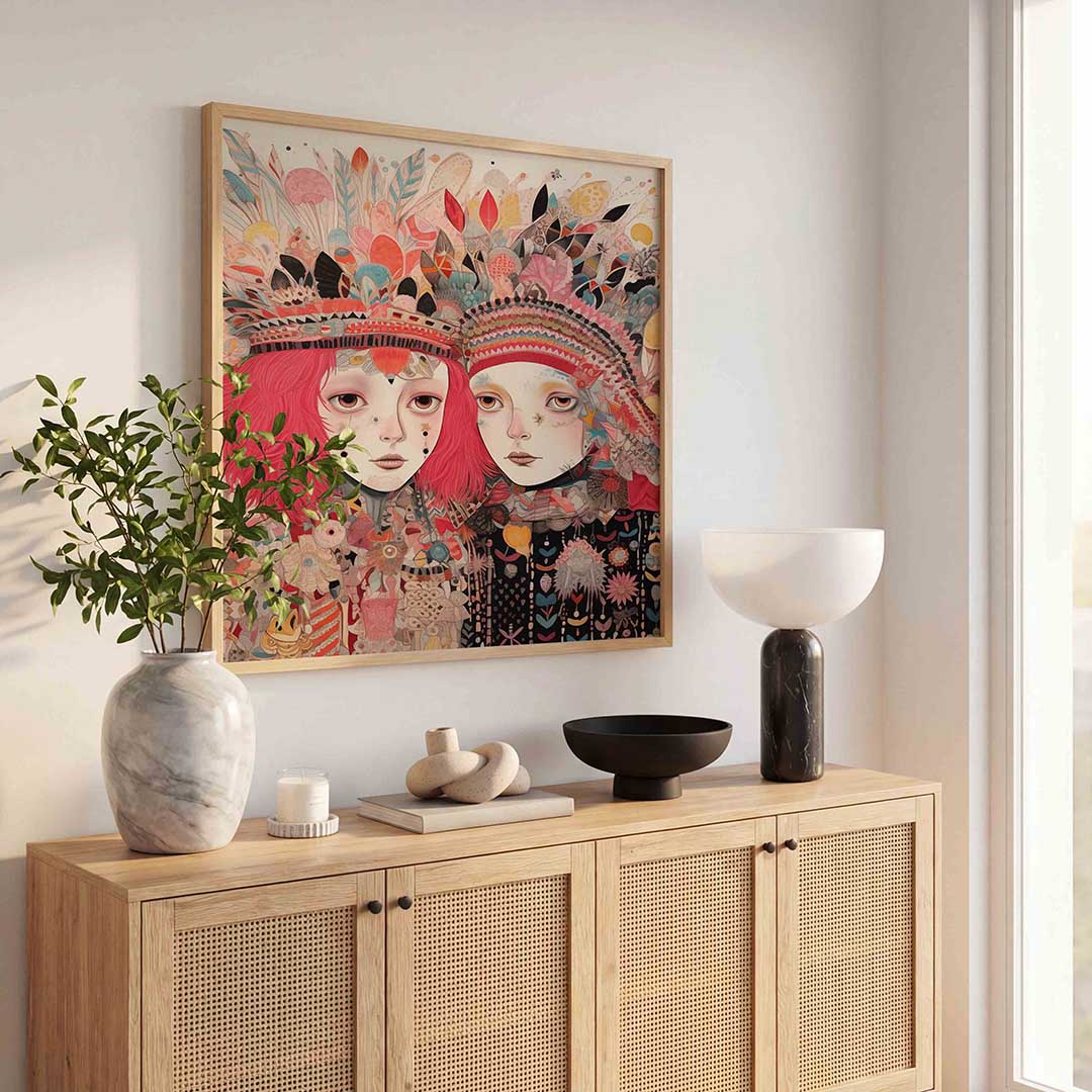 Twee figuren met kleurrijke hoofdtooien Poster