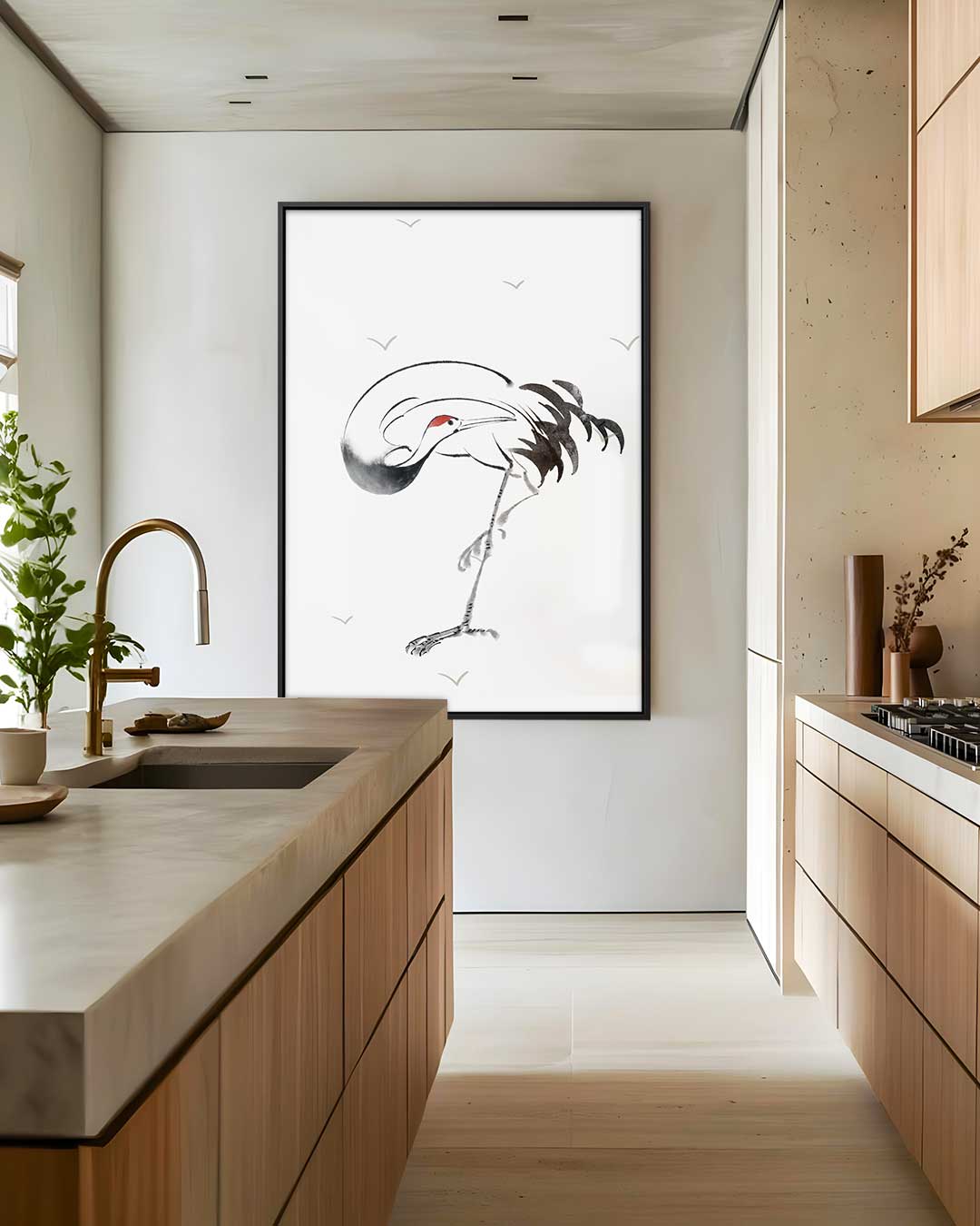 Gracieuse Kraanvogel Schilderij in Inkt Kunstwerk-canvas-dibond-plexiglas-wanddecoratie-WallArtistic