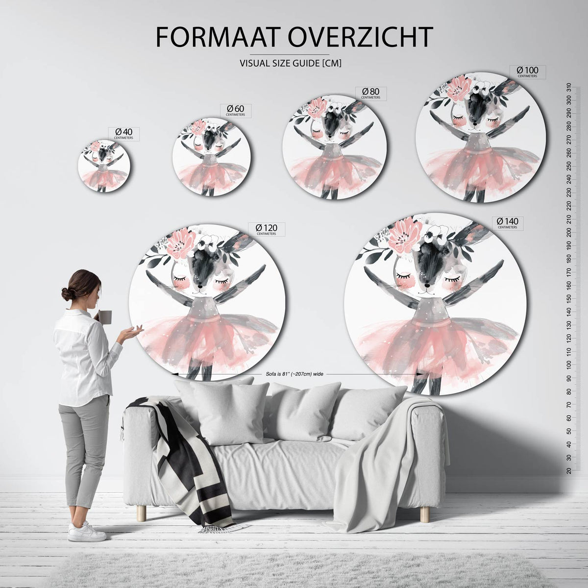 Dansende konijn Muurcirkel – extra productweergave – Een konijn met gesloten ogen draagt een roze tutu en bloemen op het