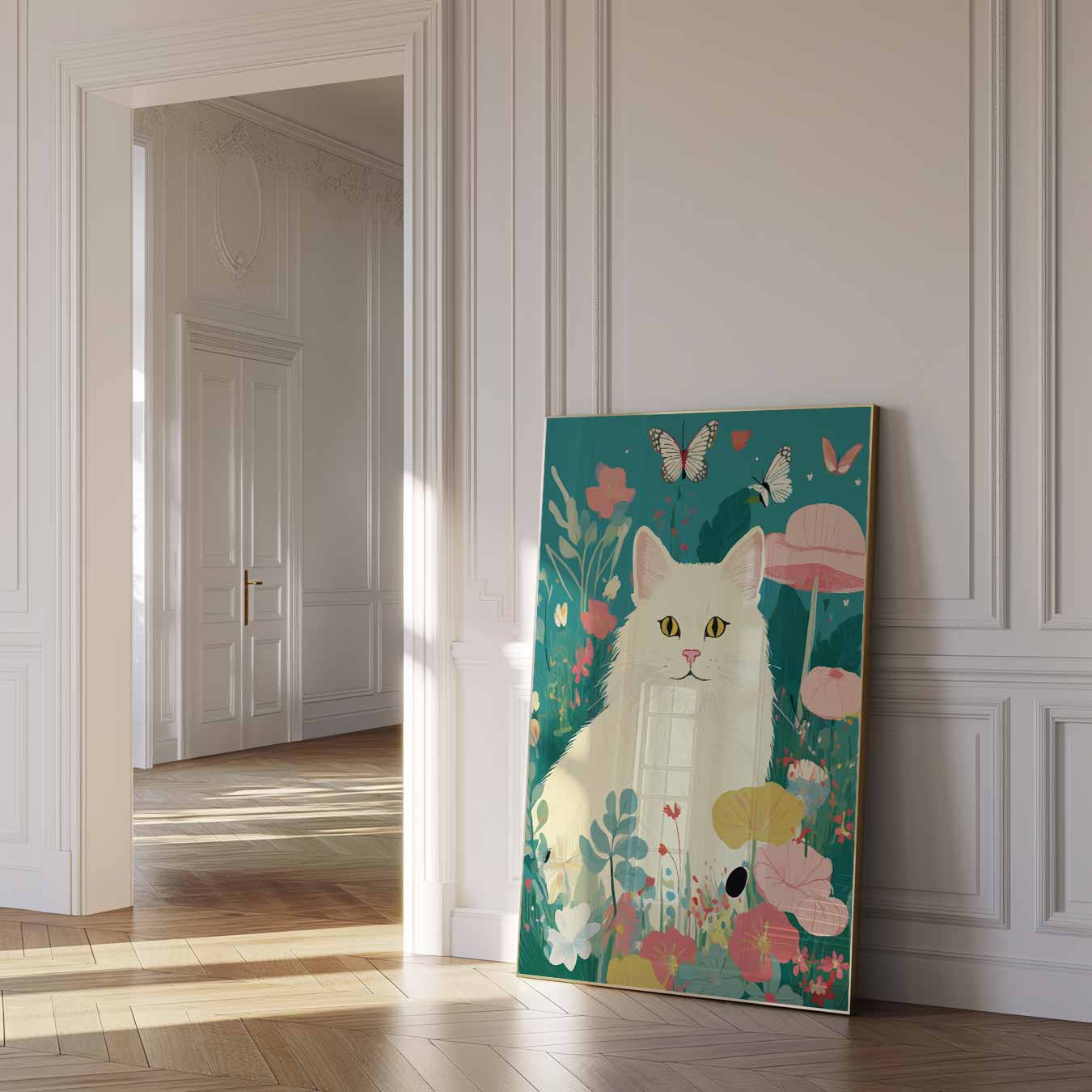 Dromerige Kat in Bloementuin Poster-WallArtistic