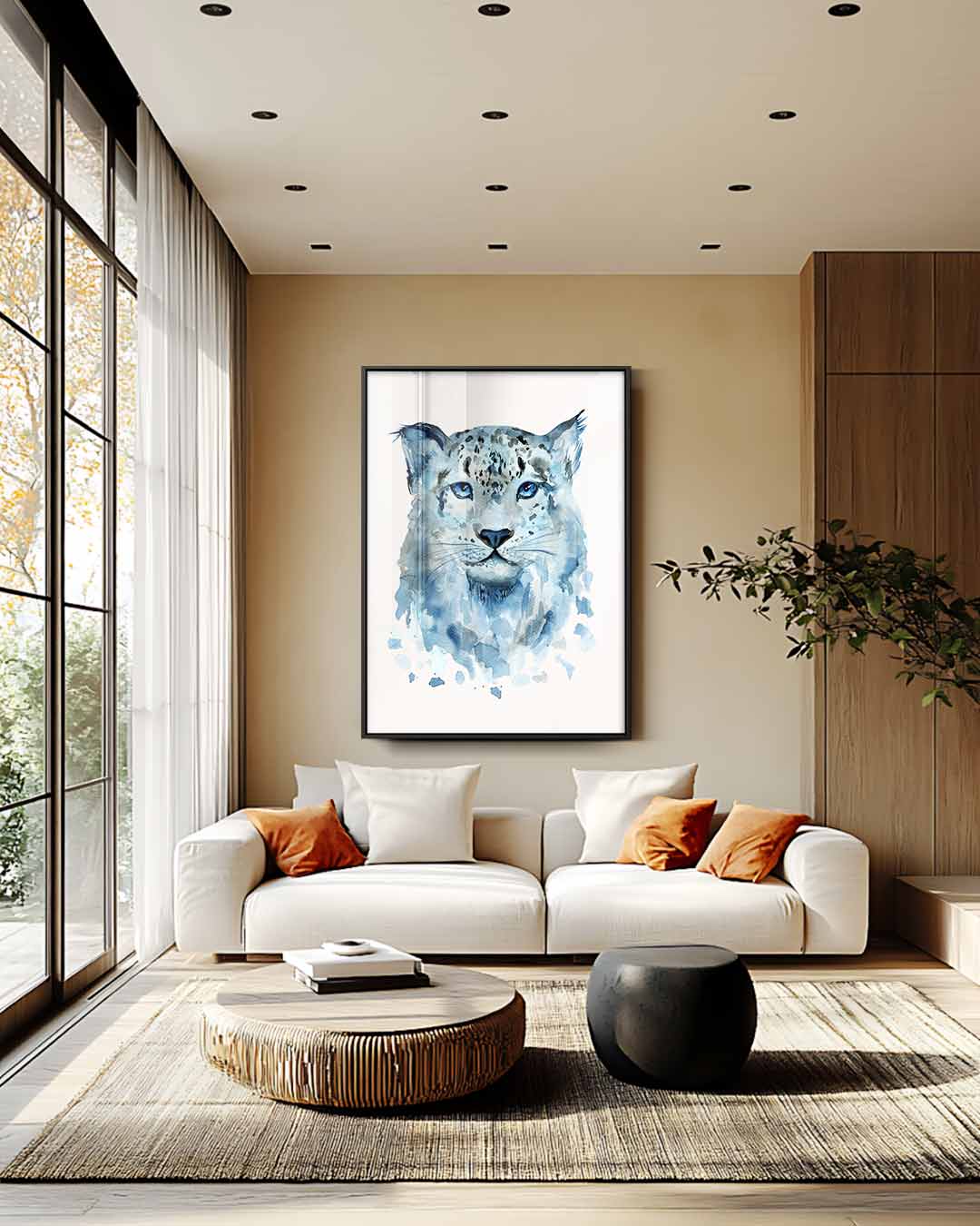 Blauwe Sneeuwluipaard Kunst Kunstwerk-canvas-dibond-plexiglas-wanddecoratie-WallArtistic