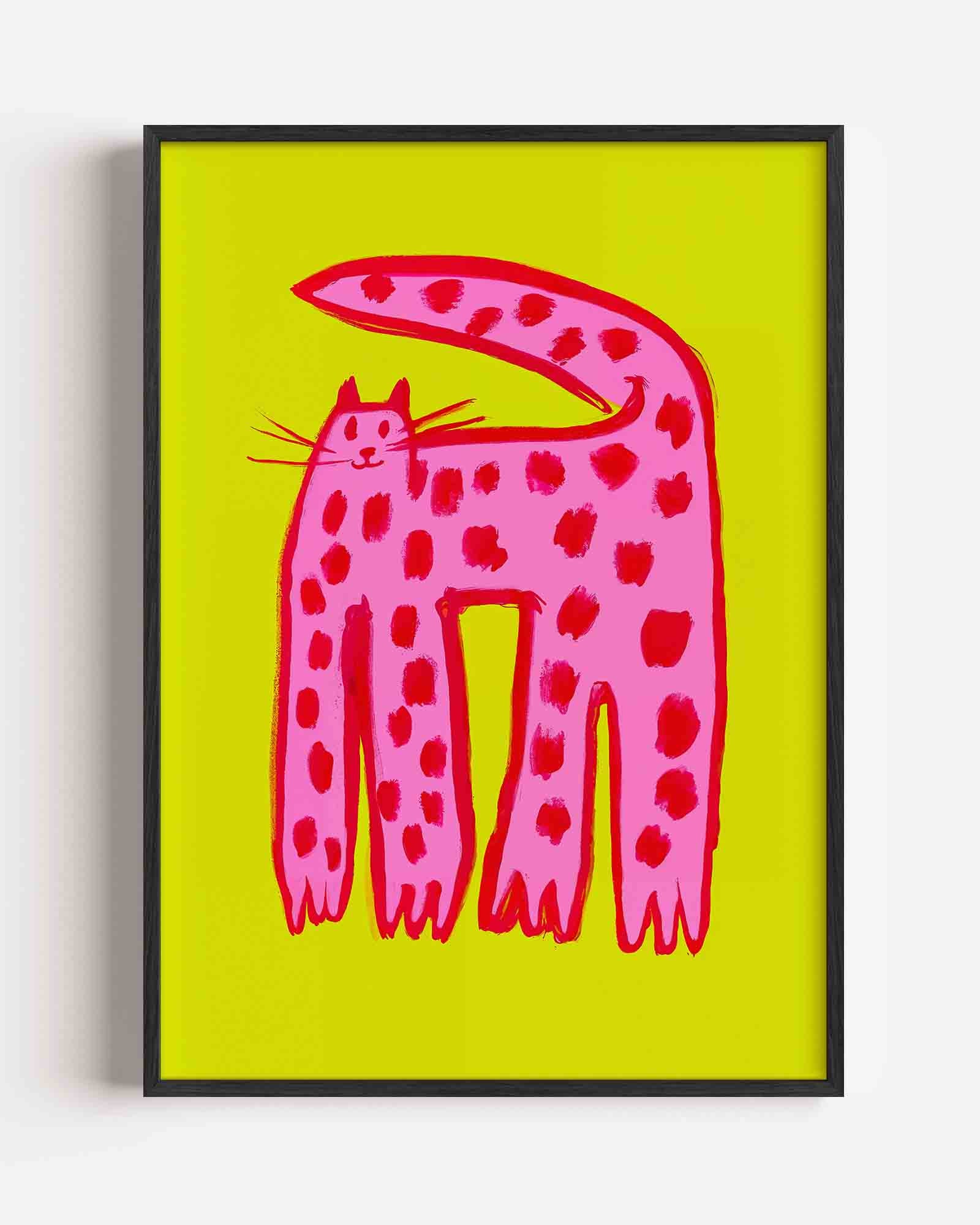 Roze kat op gele achtergrond Poster