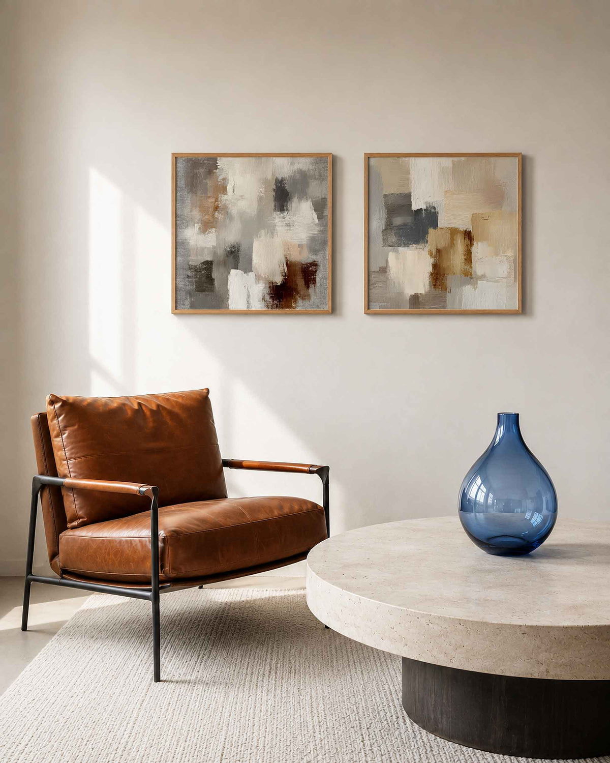 Interieurpresentatie van een tweedelige vierkante posterset met textuurvlakken abstract