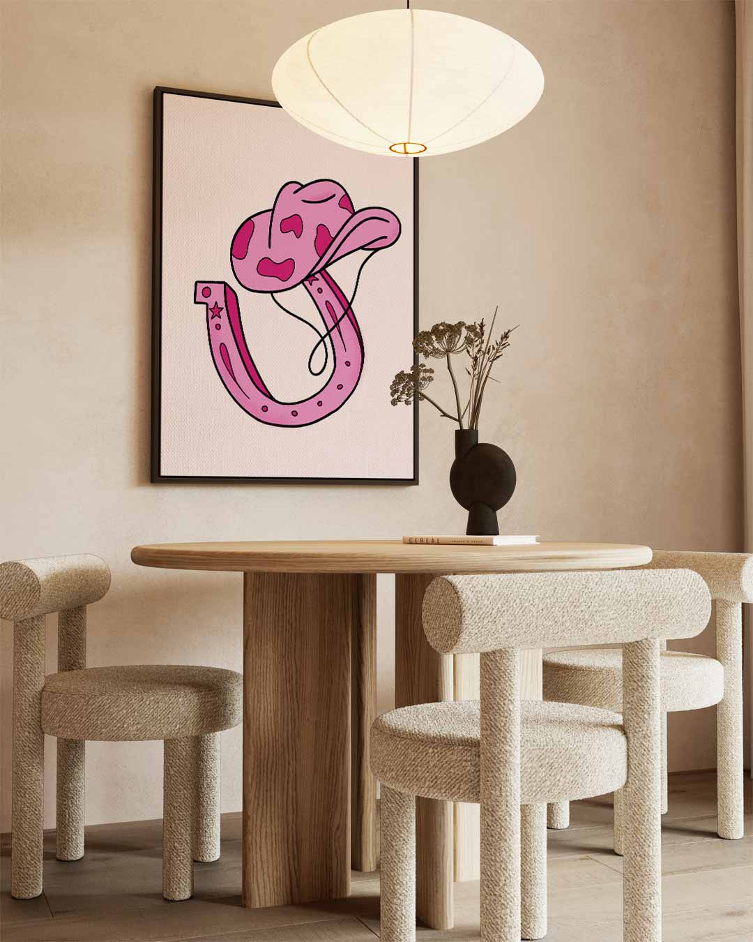 Roze Cowboyhoed en Hoefijzer Illustratie Kunstwerk-canvas-dibond-plexiglas-wanddecoratie-WallArtistic