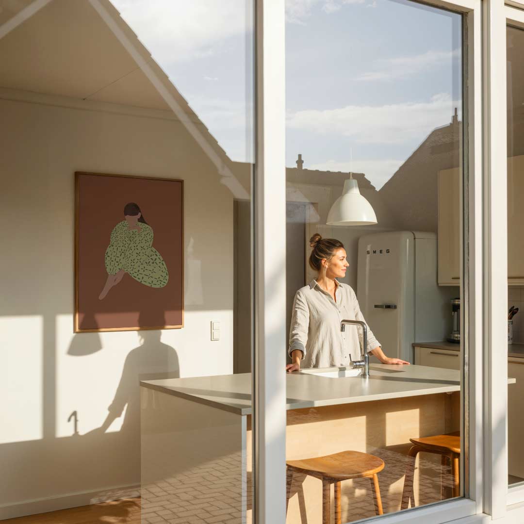 Stijlvolle Dromerige Vrouw in Patroonjurk Poster-WallArtistic