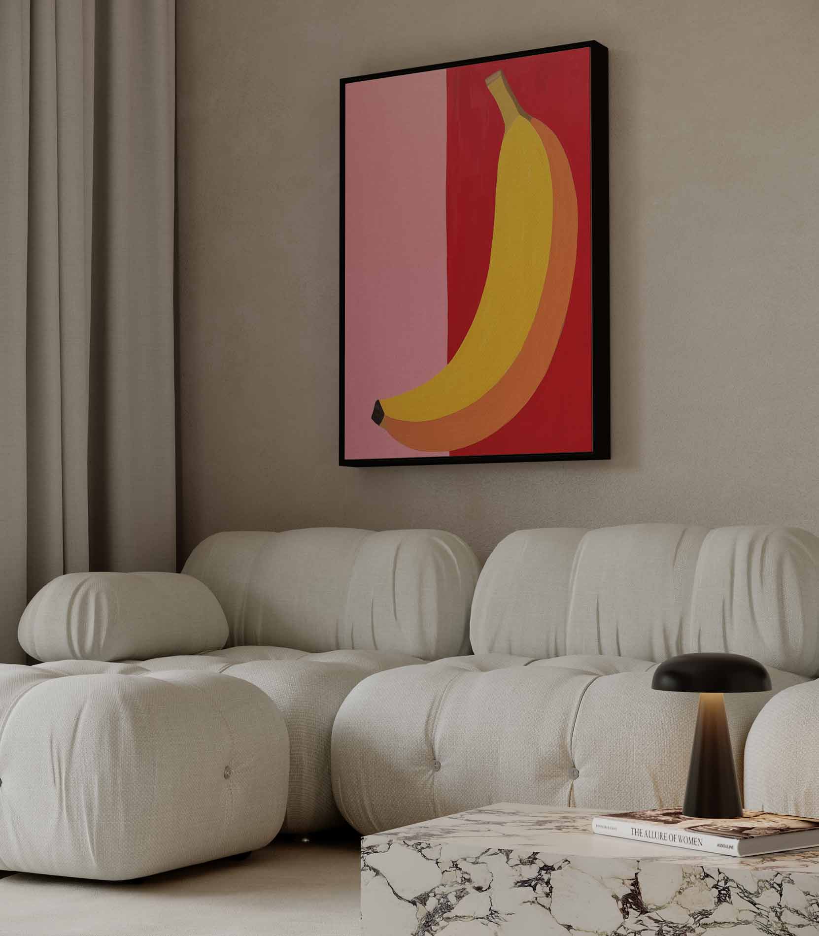 Kleurrijke Banaan op Roze en Rood Kunstwerk-canvas-dibond-plexiglas-wanddecoratie-WallArtistic